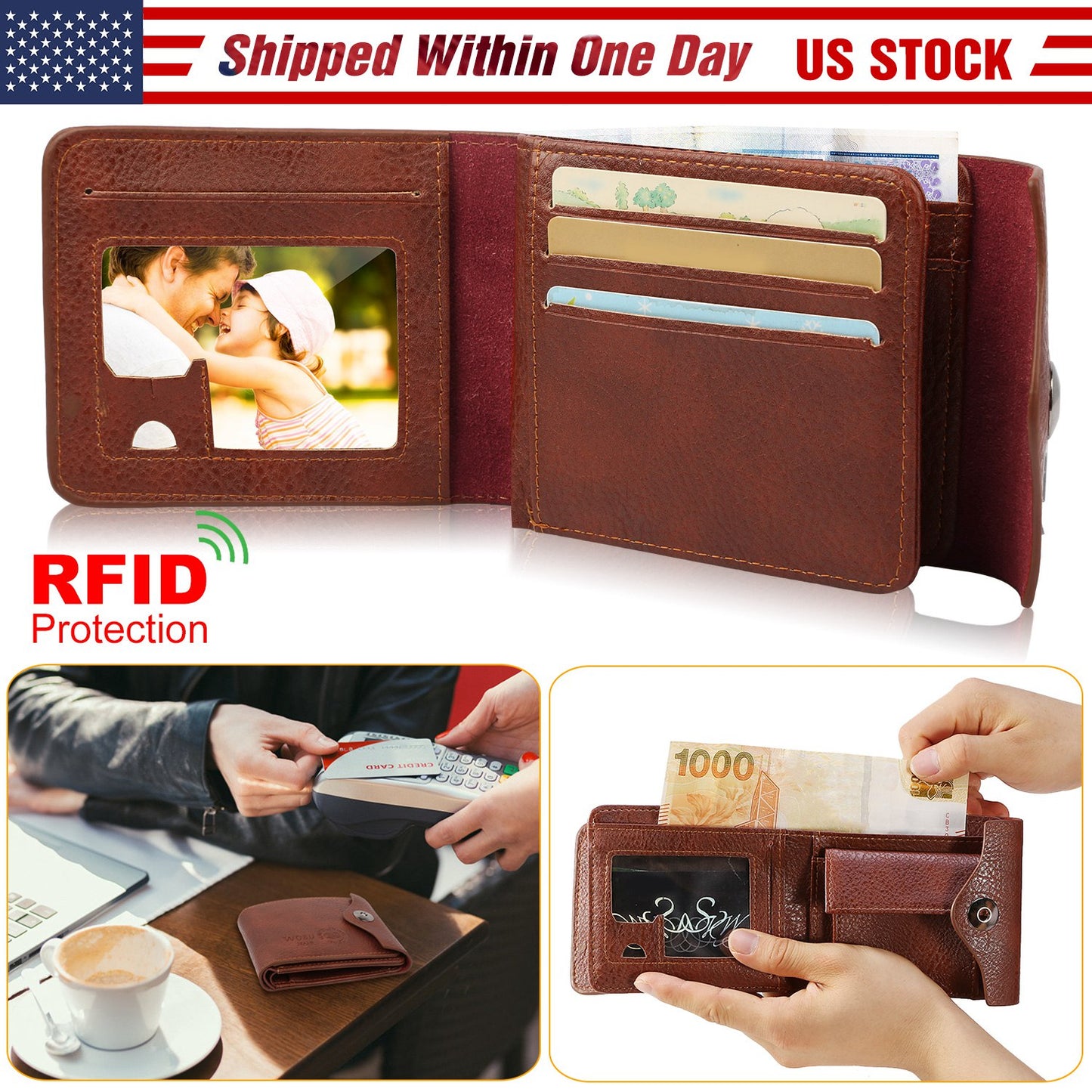 MenÕs Wallet PU Leather Bifold Purse Slim RFID Blocking Card Holder Cases w/ 2 ID Window Coin Pocket