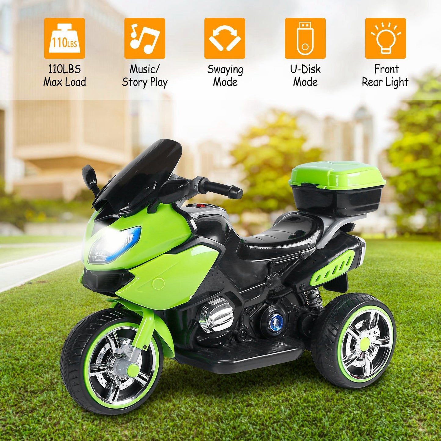 3 Wheel Motorcycle For Kids Aged 1-6 Battery Powered Ride On Toy Electric Tricycle w/Music Story Broadcasting Headlight Rear Light Forward Reverse