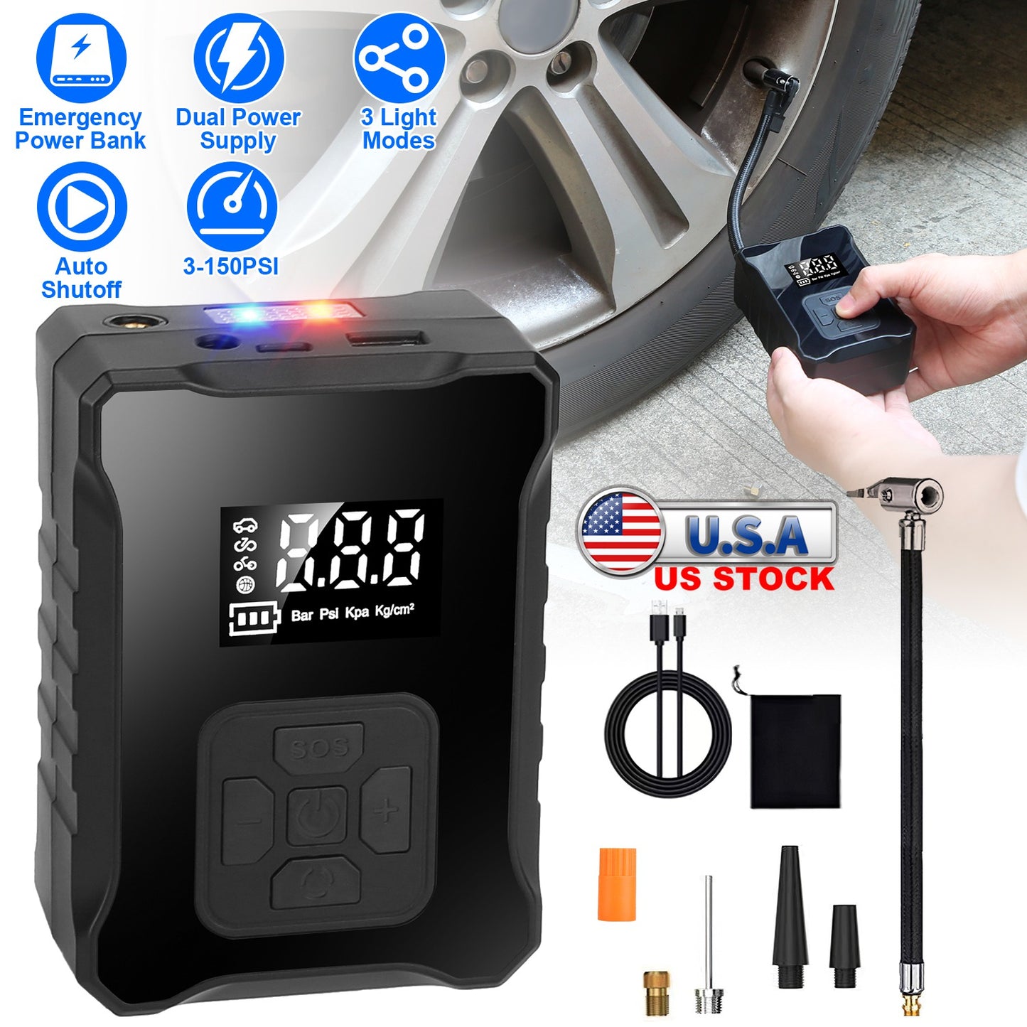 150PSI Cordless Tire Inflator Digital Air Compressor with LED Light Emergency Power Bank for Cars Motorcycles Bicycles Balls