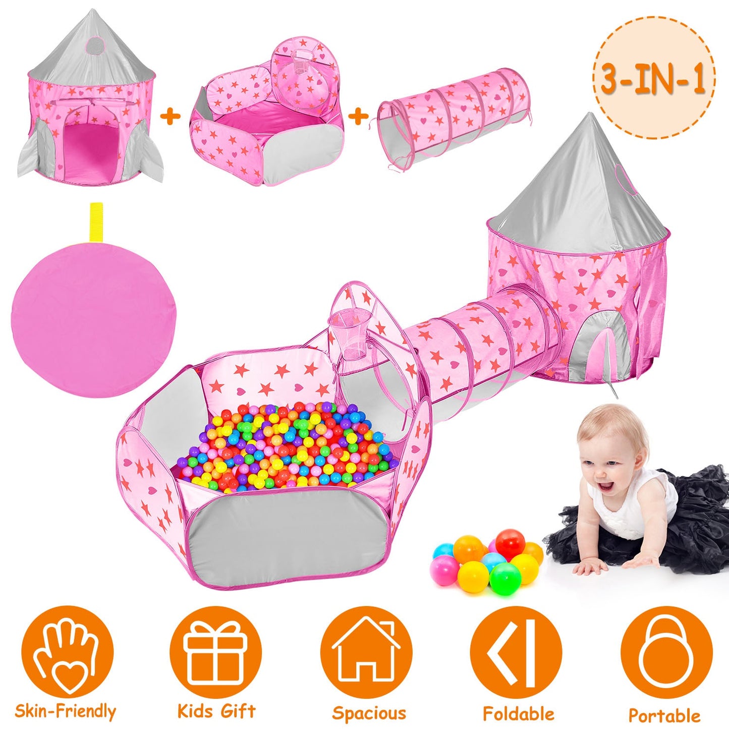 3 In 1 Child Crawl Tunnel Tent Kids Play Tent Ball Pit Set Foldable Children Play House Pop-up Kids Tent w/Storage Bag For Indoor Outdoor Travel Use