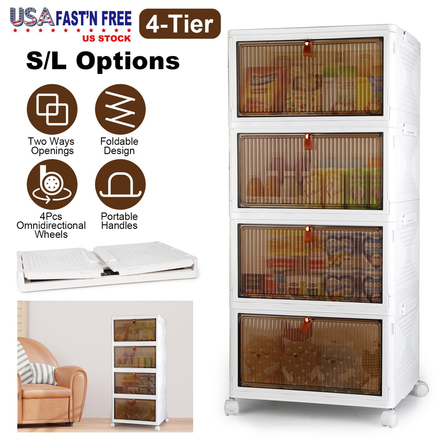4-Tier Foldable Storage Bins with Lid Front Magnetic Door Collapsible Stackable Closet Organizer Containers with 4Pcs 360¡ Rotatable Wheels
