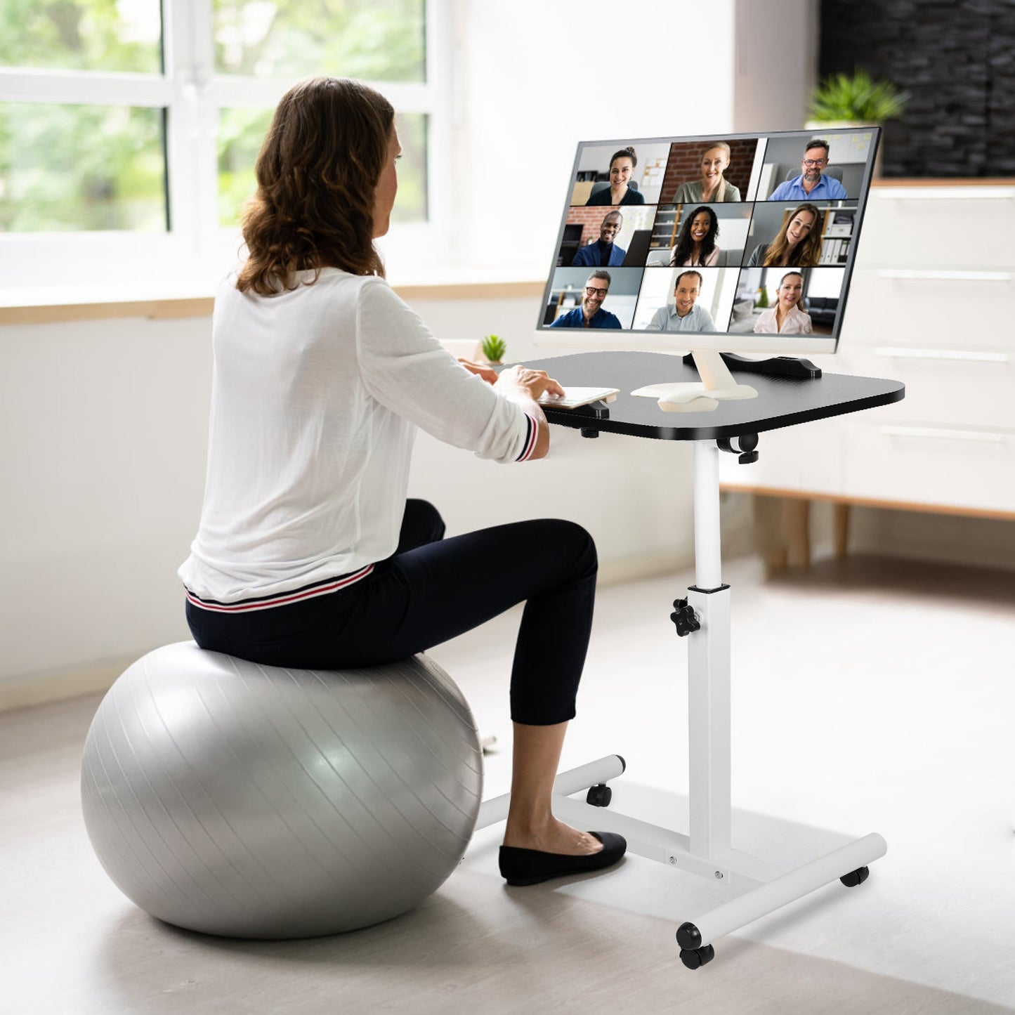 Rolling Laptop Table Portable Computer Desk Movable Table with Adjustable Height Tilting Angle