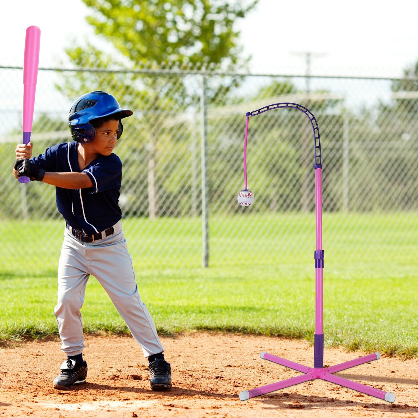 3-In-1 Baseball Toy Set For 3-5Years Old Kids And Toddlers Includes Tee Ball Stand Hanging Tee Automatic Ball Launcher with Adjustable Height For Indo