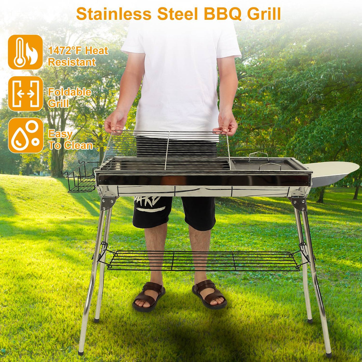 Foldable BBQ Grill Portable Charcoal Barbeque Grill Stainless Steel BBQ Grill For Picnic Camping Backyard Cooking