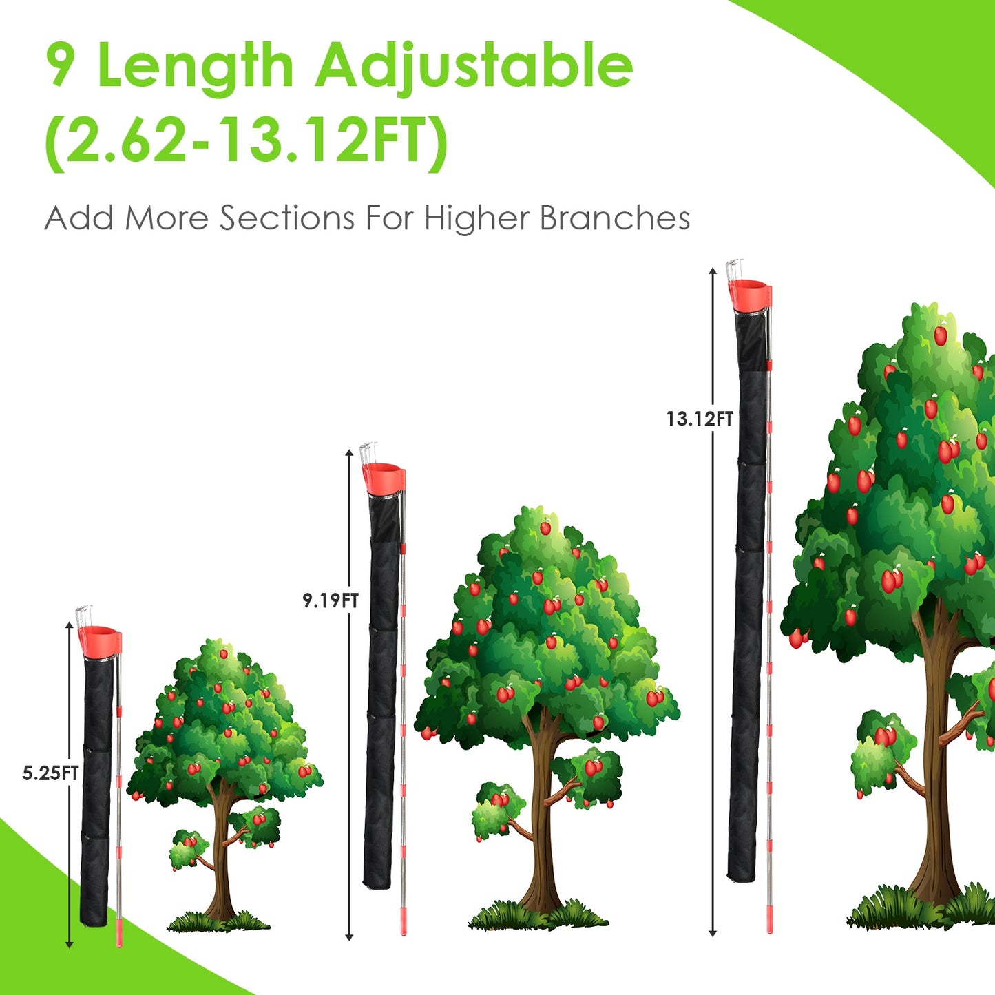 13.43FT High Reach Fruit Picker Pole with Harvest Bag Heavy Duty Fruit Picking Tool with Basket Funnels Collection Bag for Mango Avocado Lemon Apples
