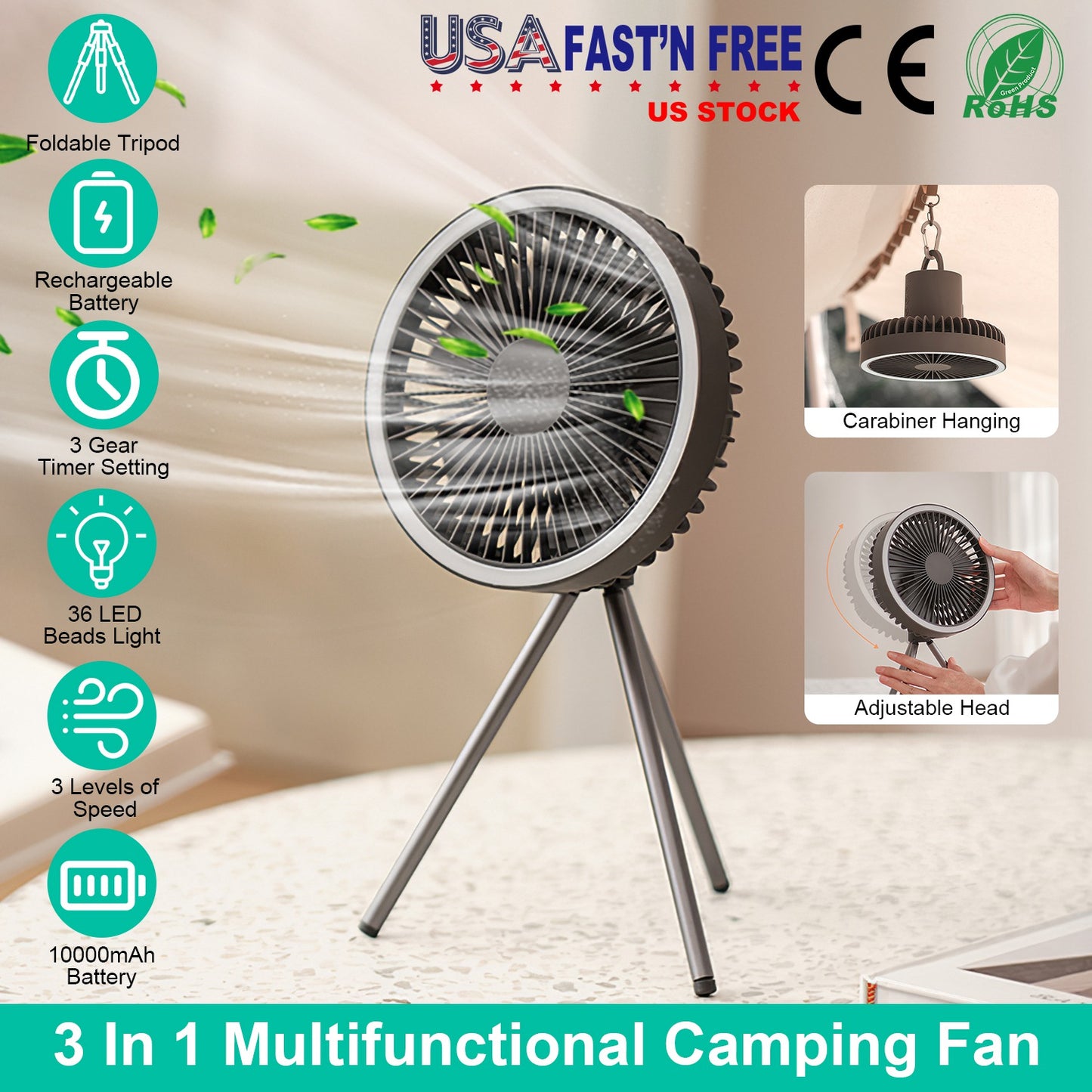 Camping Fan with Lantern 10000mAh Rechargeable Battery Powered Portable Tripod Fan for Tent with Hanging Hook Carabiner Emergency Power Bank Desk Fan
