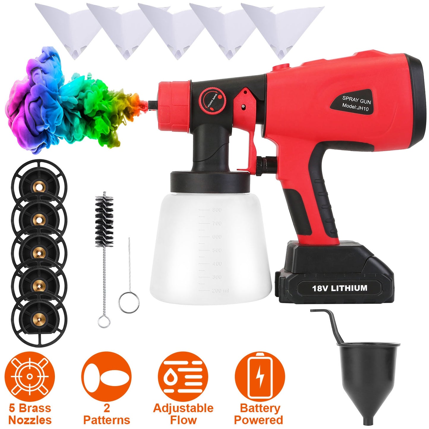 Portable Battery Powered ElectricÊPaint SprayerÊHVLP Spray Painting Gun Handheld Painter with 2 Spray Patterns 5 Nozzles 800ML Detachable Cup Flow Adj