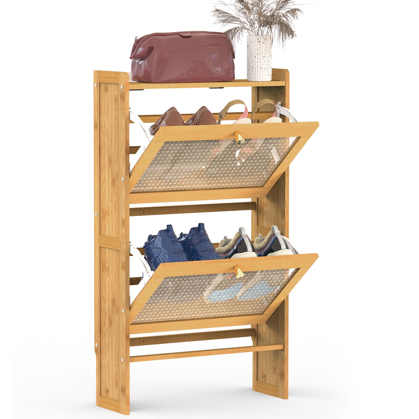 2-Tier Shoe CabinetÊwith 2 Flip Drawers Slim Bamboo Shoe Rack Freestanding Narrow Shoe Organizer with 44lbs Max Load for Entryway Hallway
