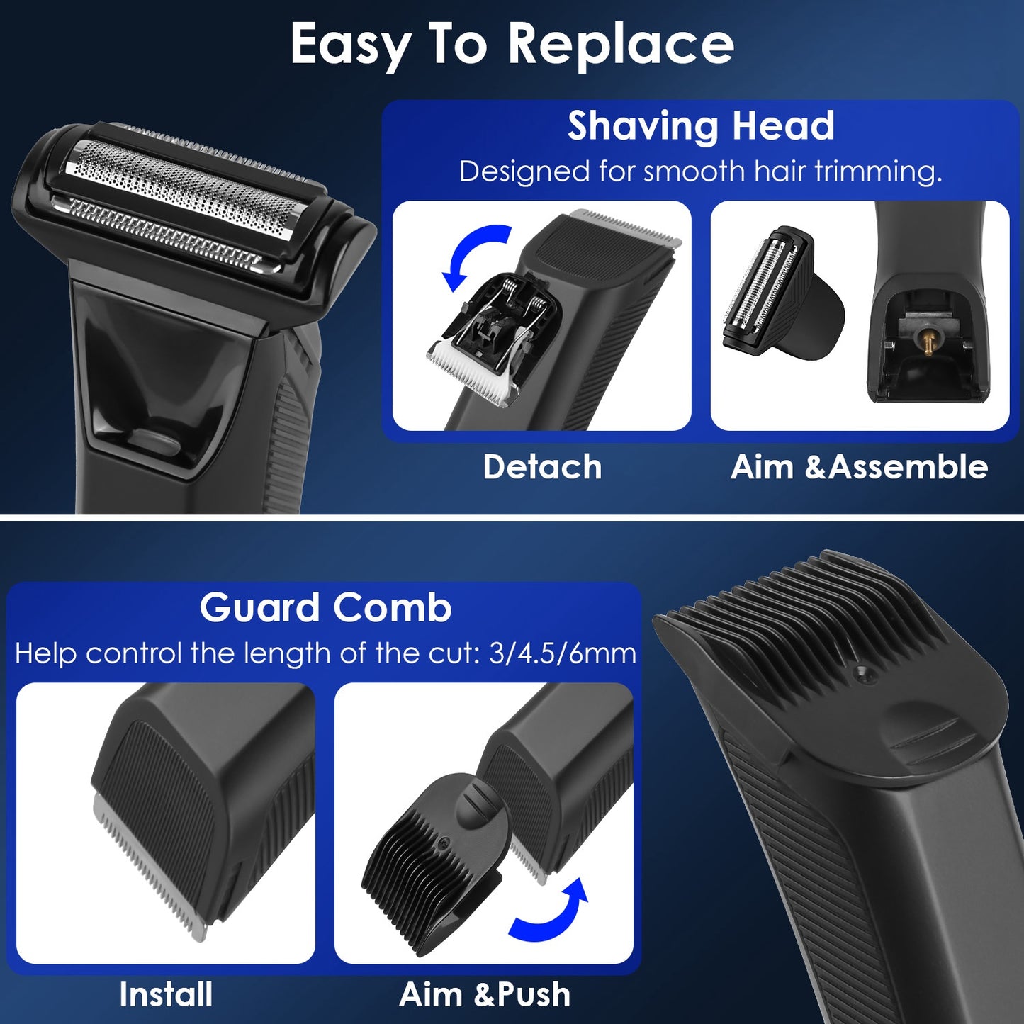 2 In 1 Electric Body Trimmer for Men Cordless Beard Groin Ball Pubic Hair Shaver IPX7 Waterproof Razor with LED Light LCD Display Guard Comb Shaving H