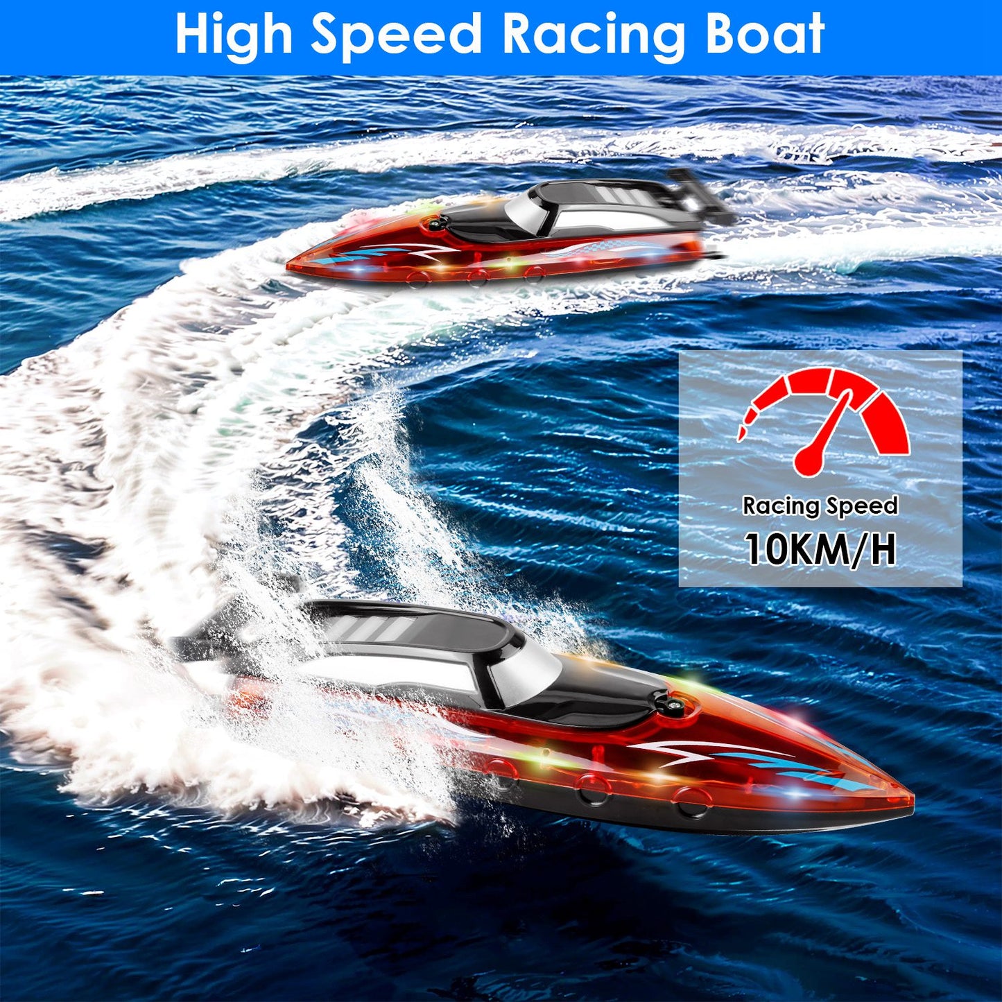 RC Boat With Colorful LED Light 10KM/H 40Mins 2.4Ghz Remote Control Racing Boat Toys With 2 Batteries Low Battery Alarm Overreach Warning For Pools La