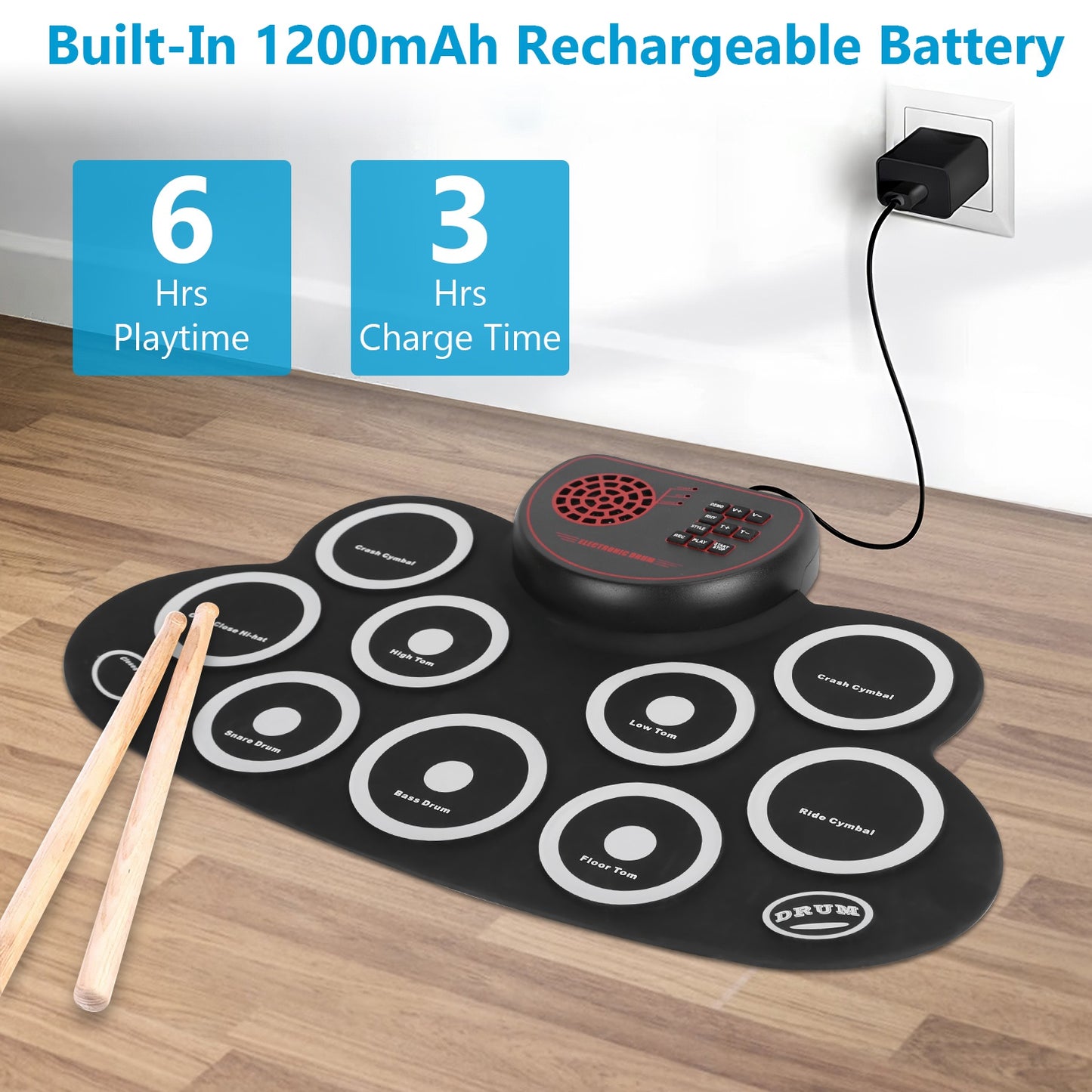 10 Pads Electric Drum Set Foldable 10-Drum SiliconÊDrum Kit Foldable Electronic Drum Pad Machine with Drum Sticks Headphone Jack Speaker Battery Dual-