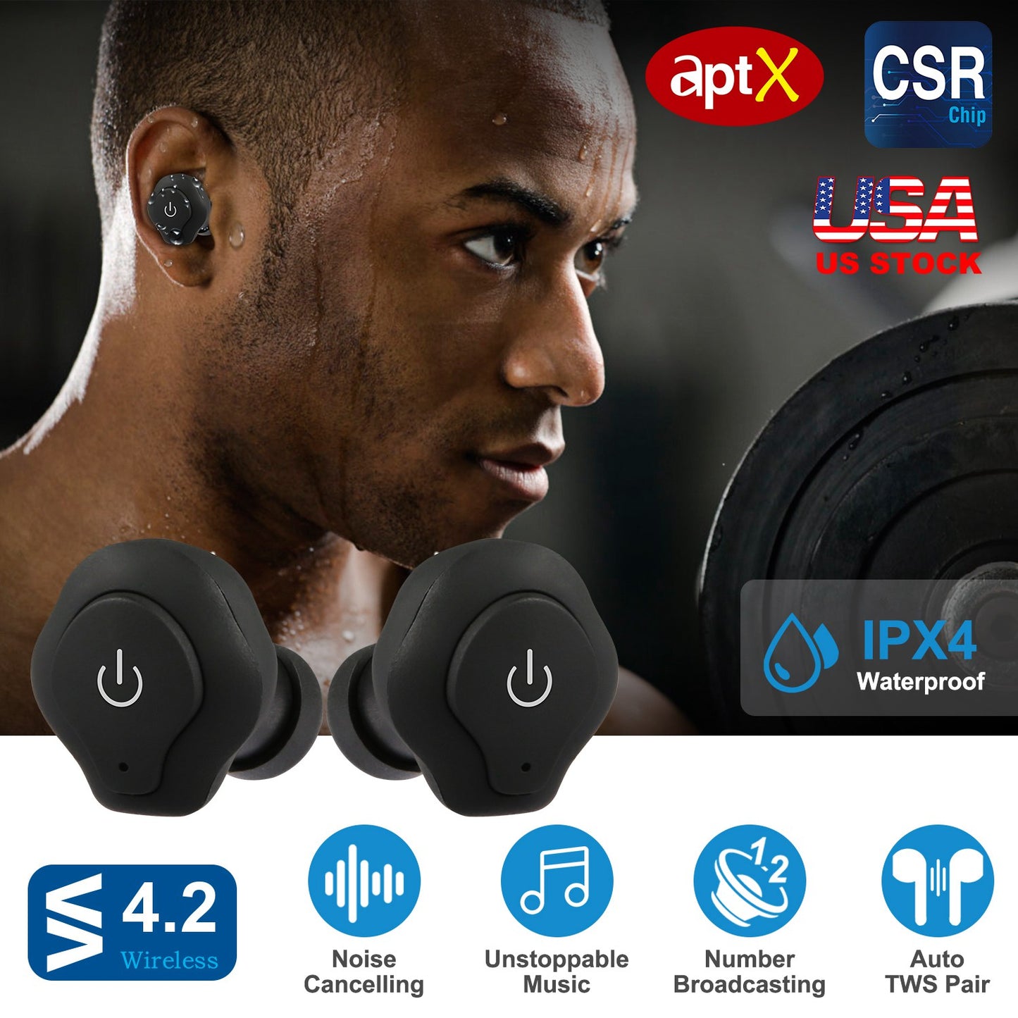True Wireless Earbuds CSR V4.2 In-ear Stereo Headsets IP44 Waterproof Apt-X TWS Headphones Noise Cancelling w/ Mic for Business Driving Walking