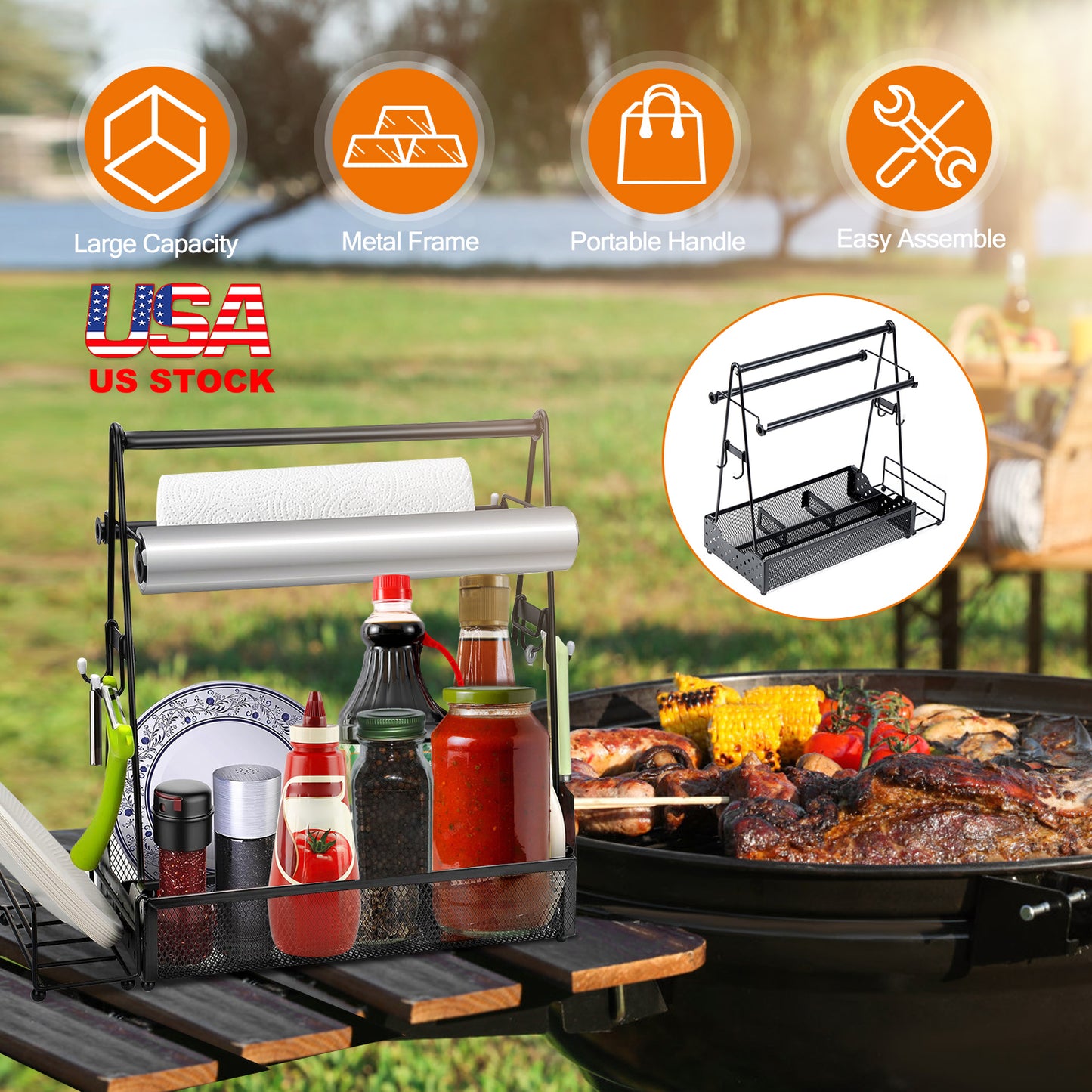 Utensil Caddy Metal Grill Caddy with Paper Towel Holders Utensil Holder for Outdoor Picnic Barbecue Camping Grilling Tools Storage Organizer Barbecue