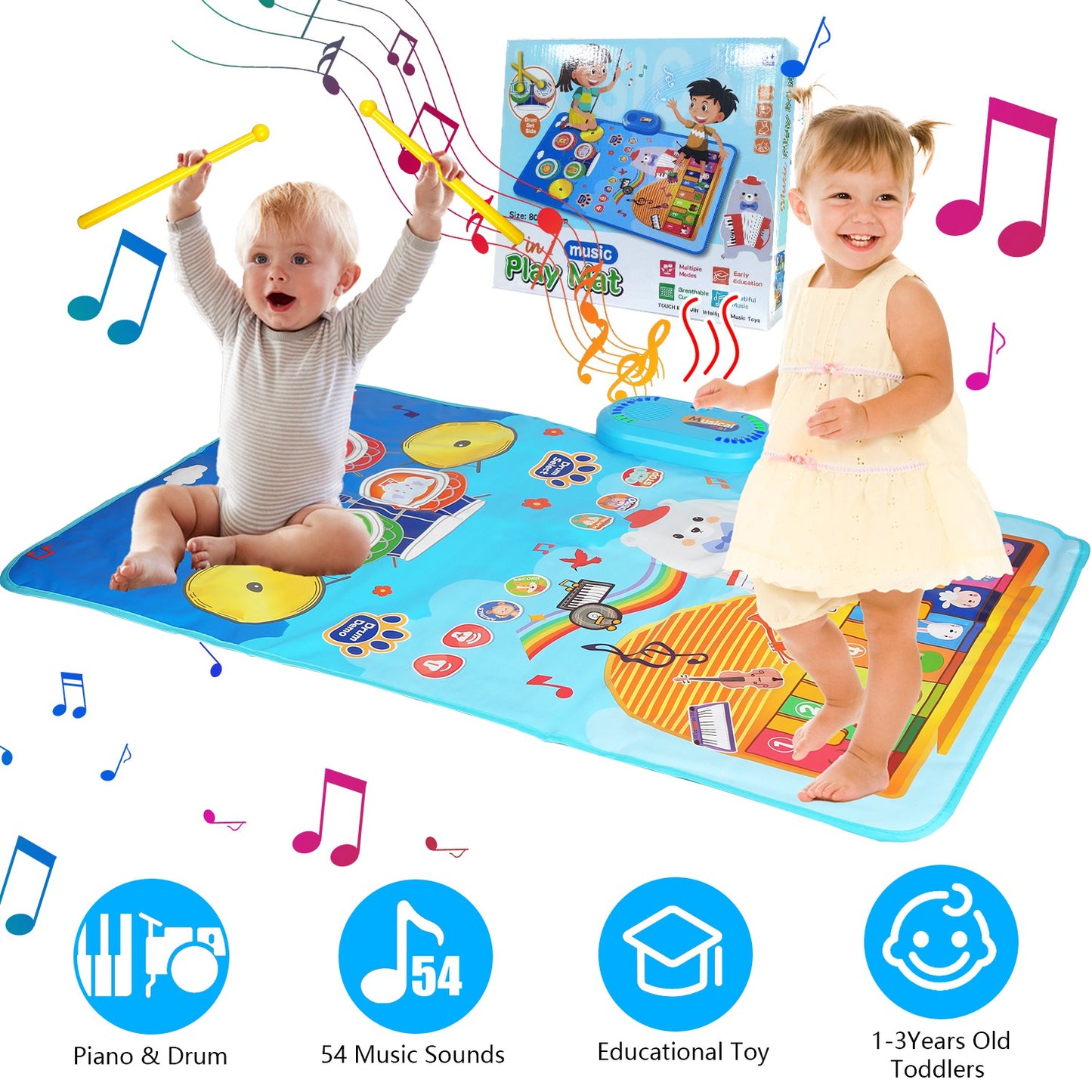Baby Musical Mat With 55 Music Sounds Toddler Toys Floor Piano Keyboard Mat Drum Mat Carpet Educational Musical Learning Toy Infant Music Toy for 1 2