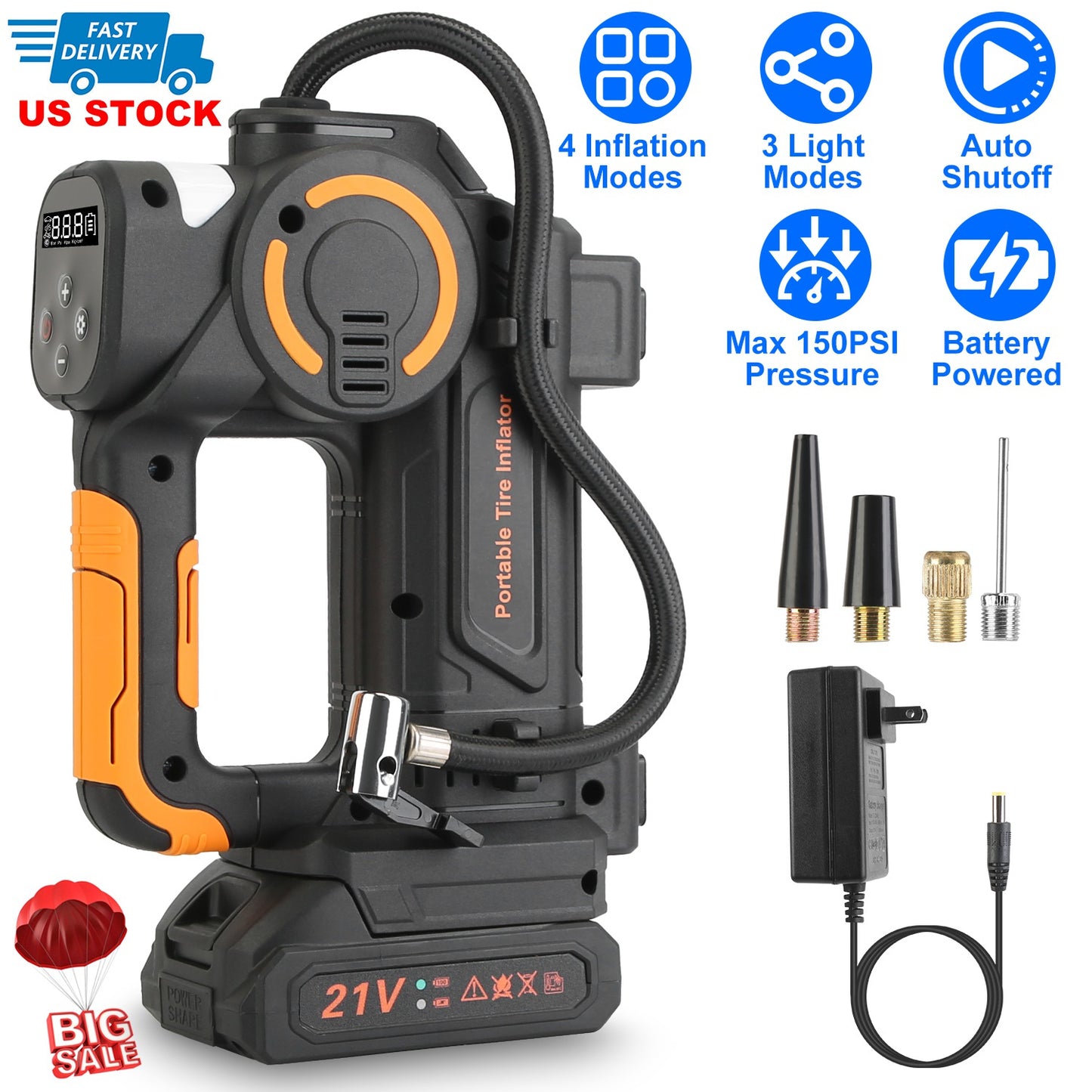 140W 150PSI 21V Battery Powered Tire Inflator Cordless Air Pump Digital Air Compressor with LED Light for Cars Motorcycles Bicycles Balls