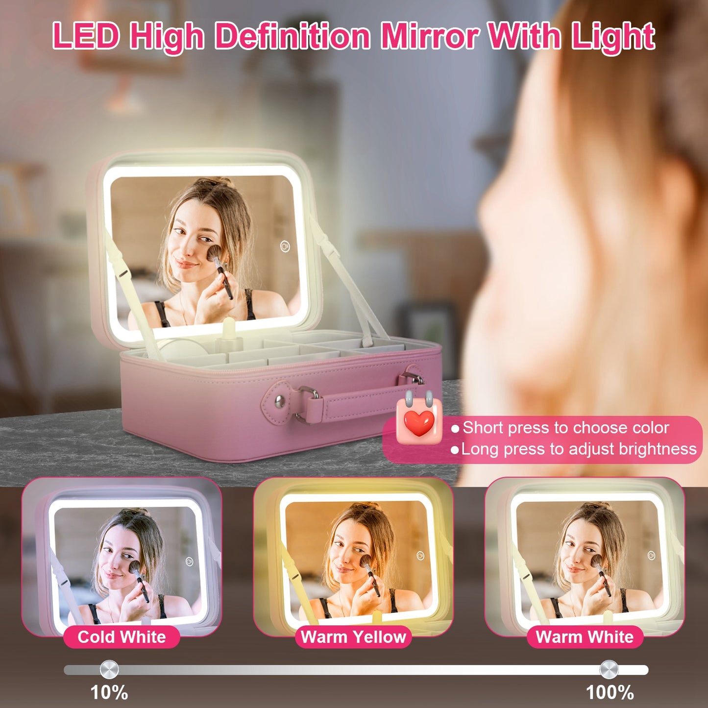 Travel Makeup Bag With 3 Light Colors Dimmable Brightness LED Mirror Detachable 10X Magnifying Mirror Adjustable Dividers Portable Waterproof Cosmetic