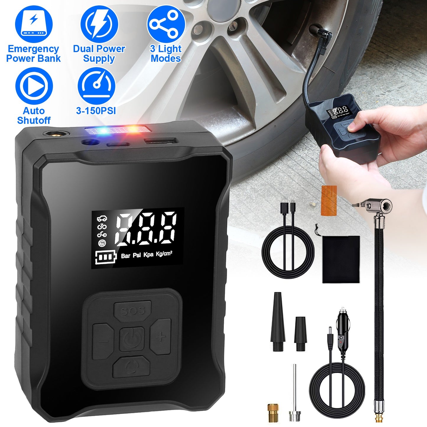 150PSI Cordless Tire Inflator with Car Charger Digital Air Compressor with LED Light Emergency Power Bank for Cars Motorcycles Bicycles Balls