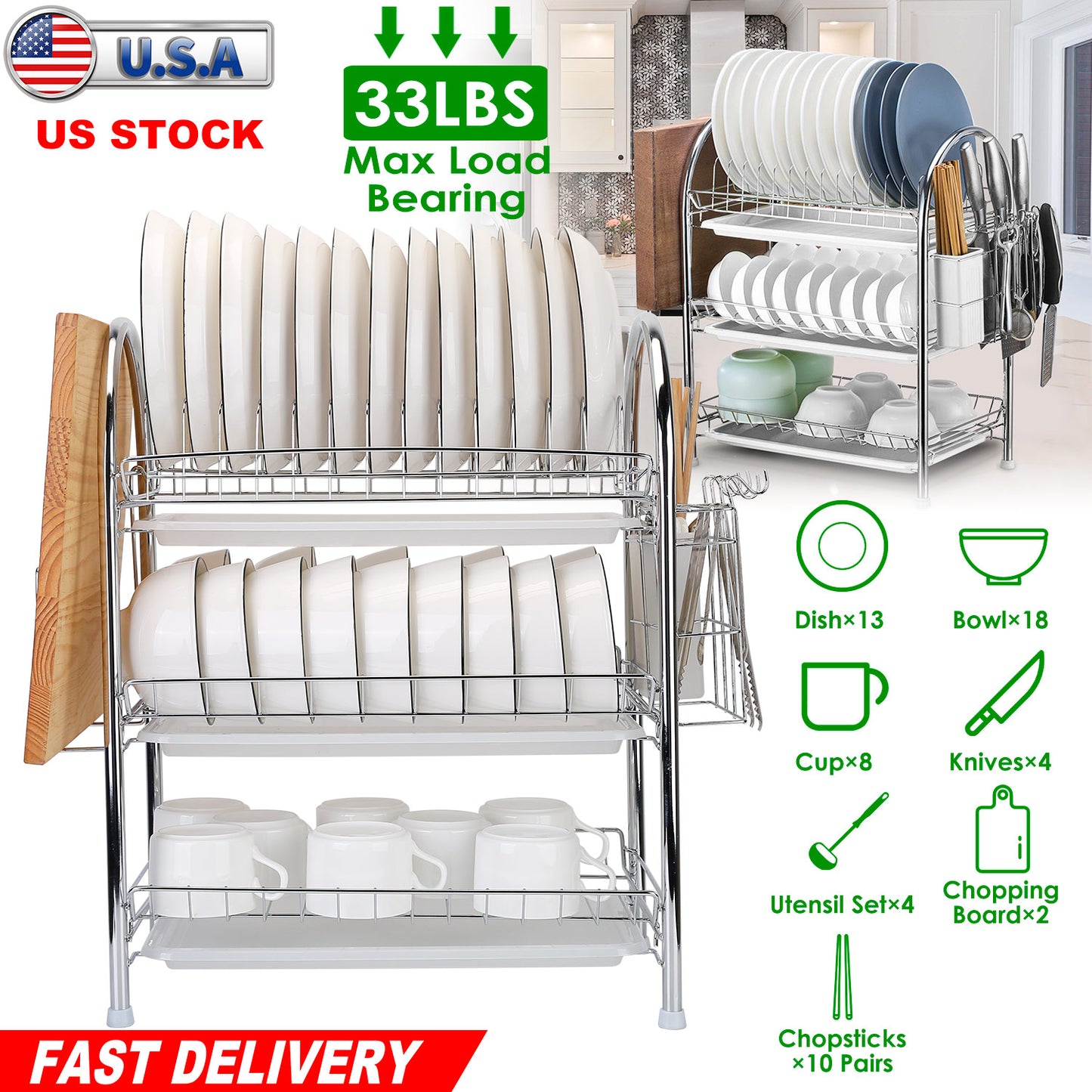 3-Tier Dish Drying Rack Dish Drainer Shelf w/ 3 Drain Trays Chopping Board Rack Utensil Rack Chopsticks Holder For Kitchen Counter Storage