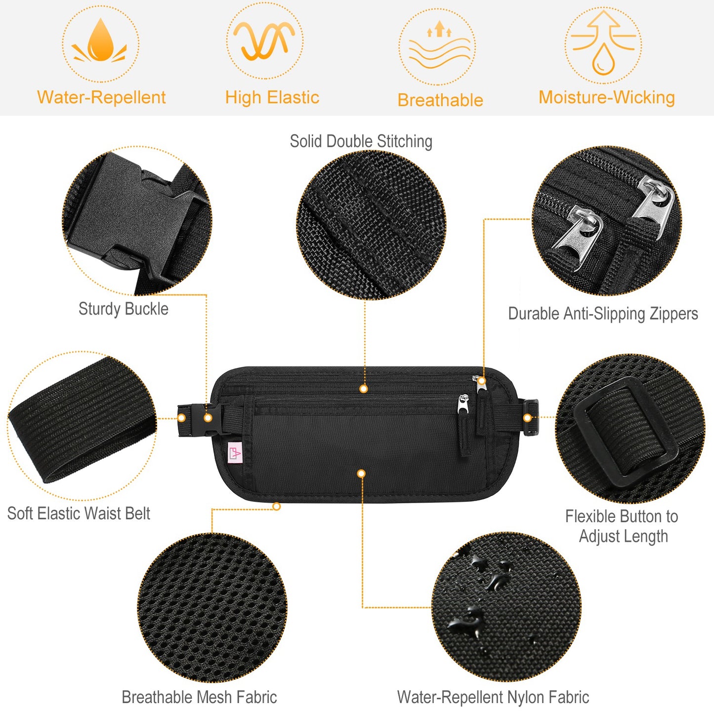 Travel Money Belt Waist Bag Pack RFID Blocking Anti-Theft Waist Pouch Waterproof for Men Women