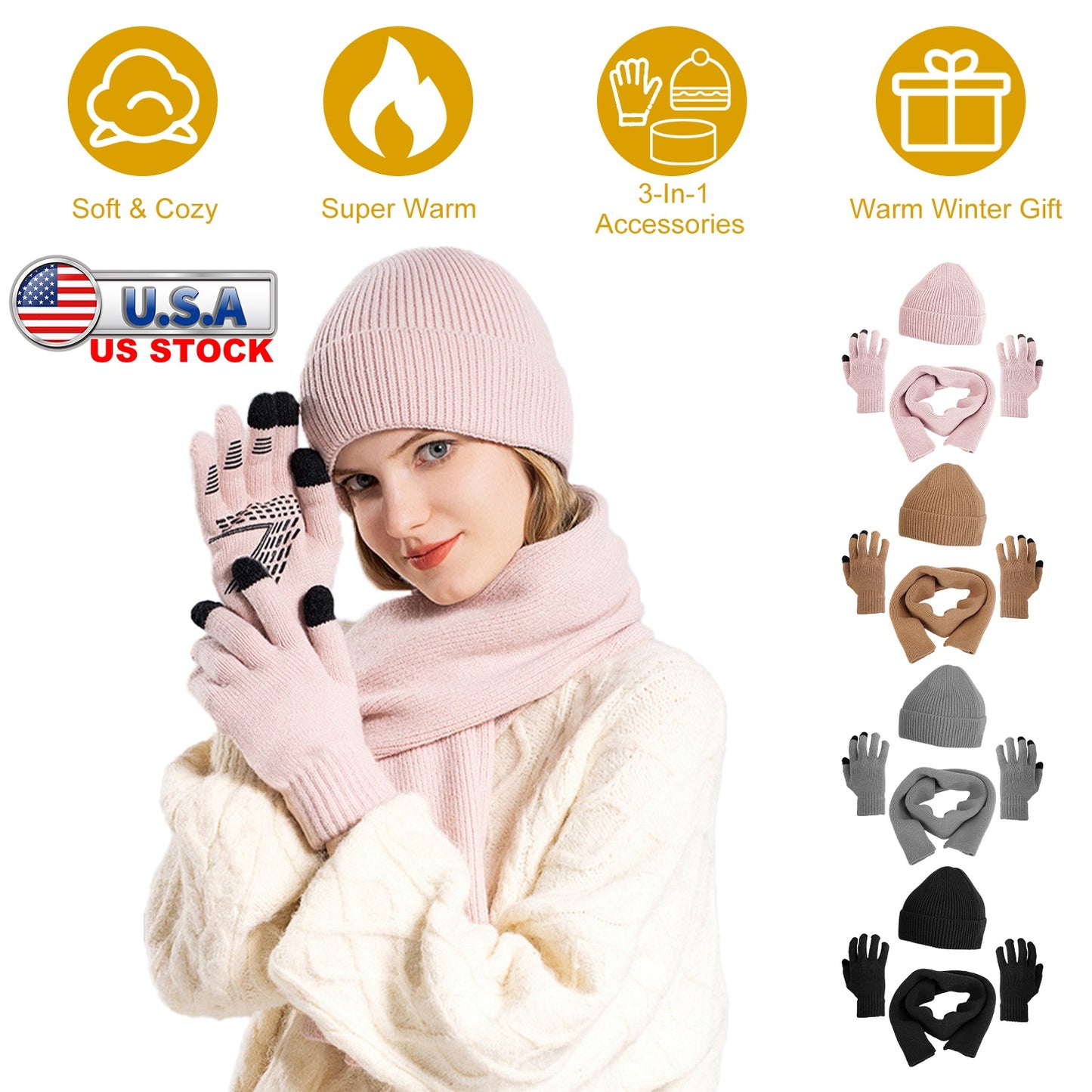 Winter Knitted Hat Scarf Gloves 3Pcs Winter Warm Beanie and Touch Screen Gloves Long Neck Scarf Set Knit Beanie Skull Cap Neck Warmer Anti-Slip Mitten