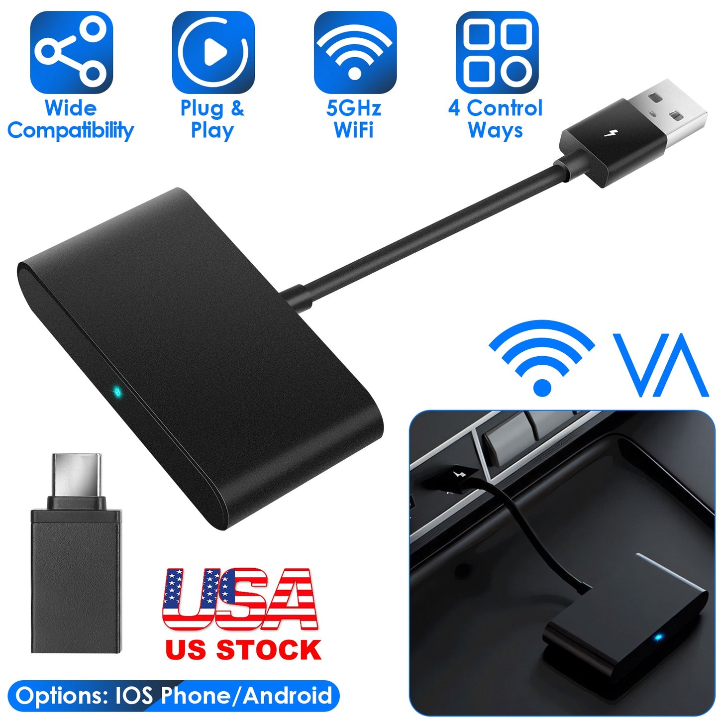 Android Wireless Adapter for In-car Infotainment System 5GHz WiFi Car Auto Navigation Player Fit for FORD HONDA CHEVROLET IOSPhone 6+