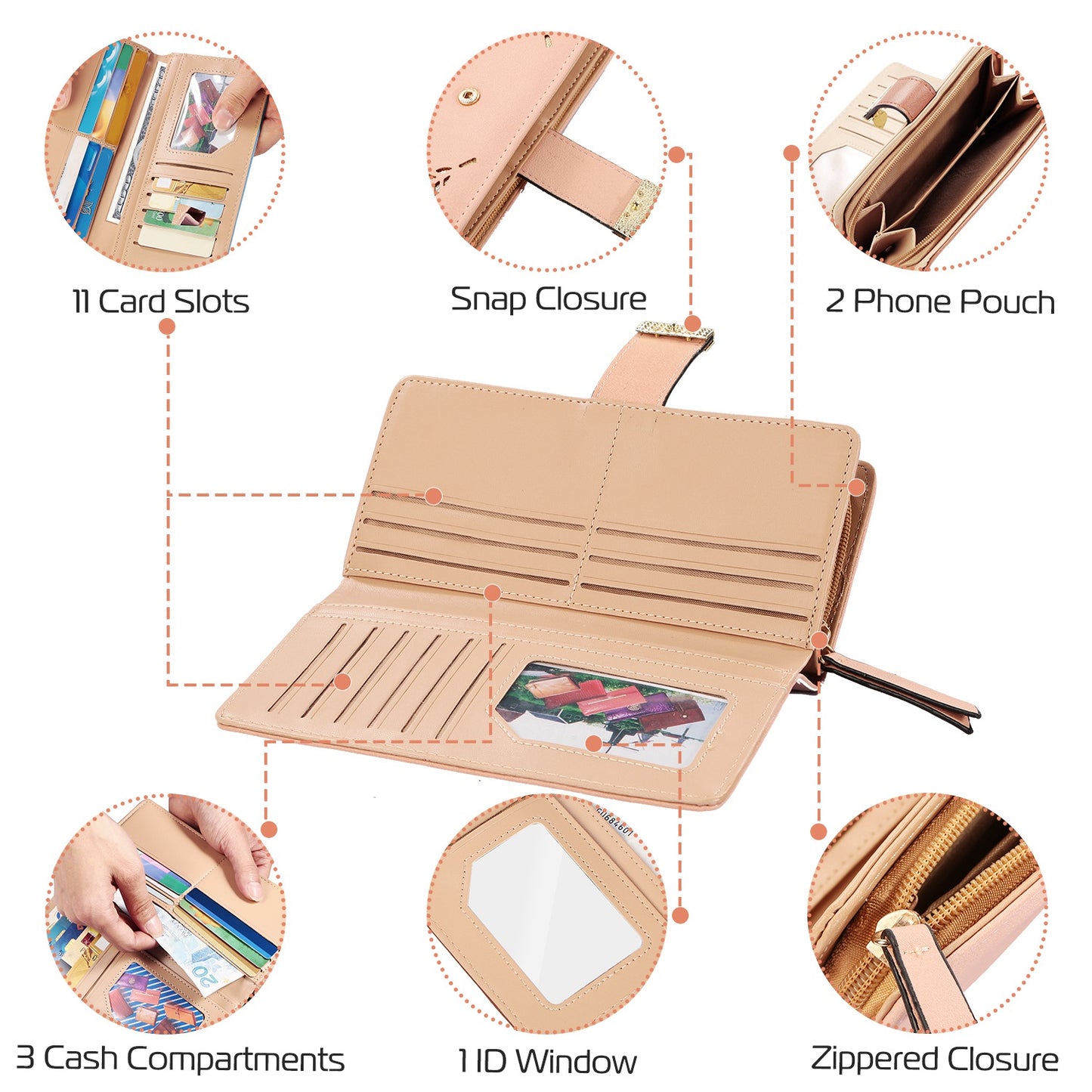 Women Wallet PU Leather Lady Long Purse Phone Clutch Case Credit Card Holder 11 Card Slots 1ID Window 5 Money Pouch