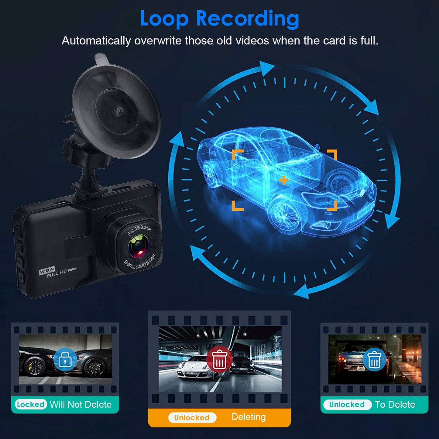 1080P Car DVR 3in Camera Dash Cam Camcorder Camera Recorder with 100¡ Angle Loop Recording Motion Detection