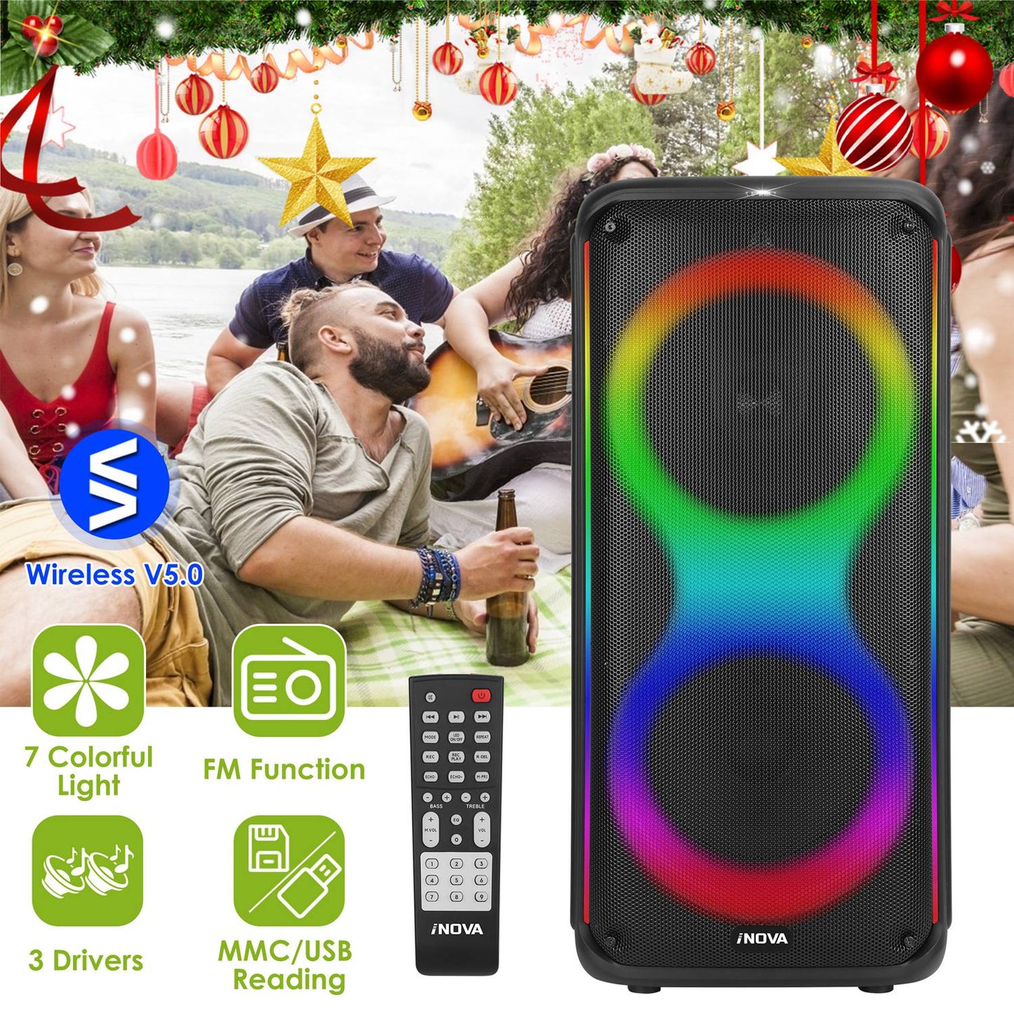 Portable Wireless Party Speaker with 7 Colorful Lights Remote Control Party Speaker with TWS Function FM Radio USB MMC Card Reading Aux In Recording F