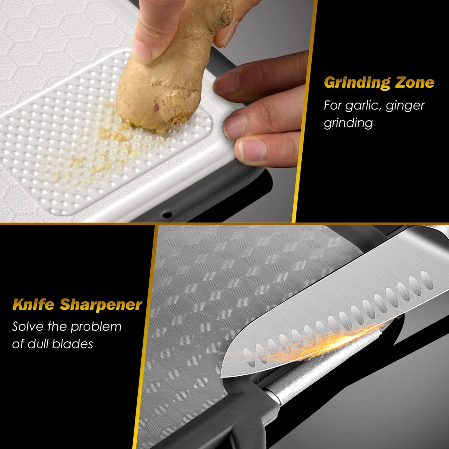 2Pcs Double Sided Cutting Board Stainless Steel PP Chopping Board Lightweight Kitchen Cutting Board Mesh Design with Grinding Zone Knife Sharpener Han