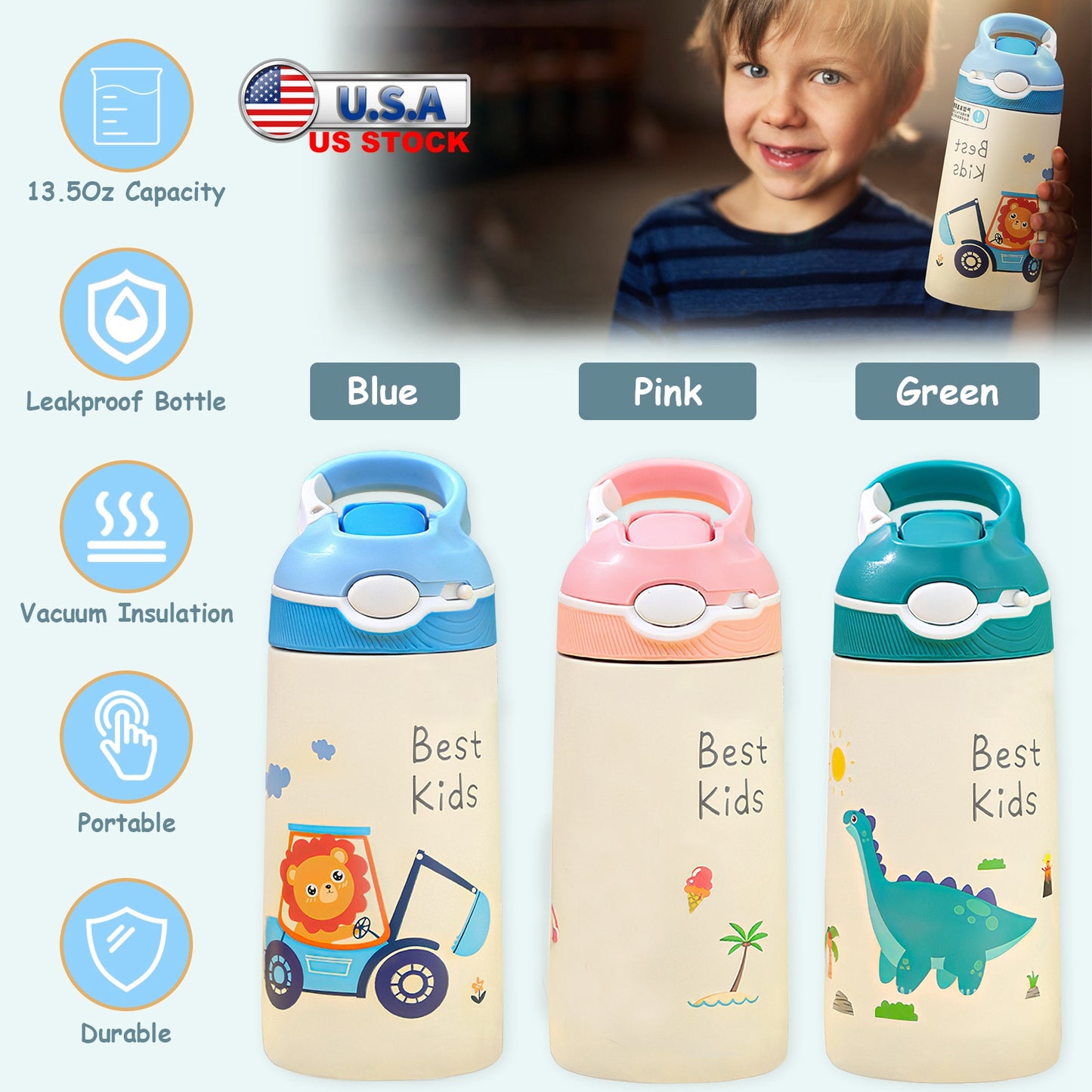 13.5Oz Insulated Stainless Steel Water Bottle Leak-proof Bottle for Kids with Straw Push Button Lock Switch Sports Water Bottle for Toddlers Boys Girl