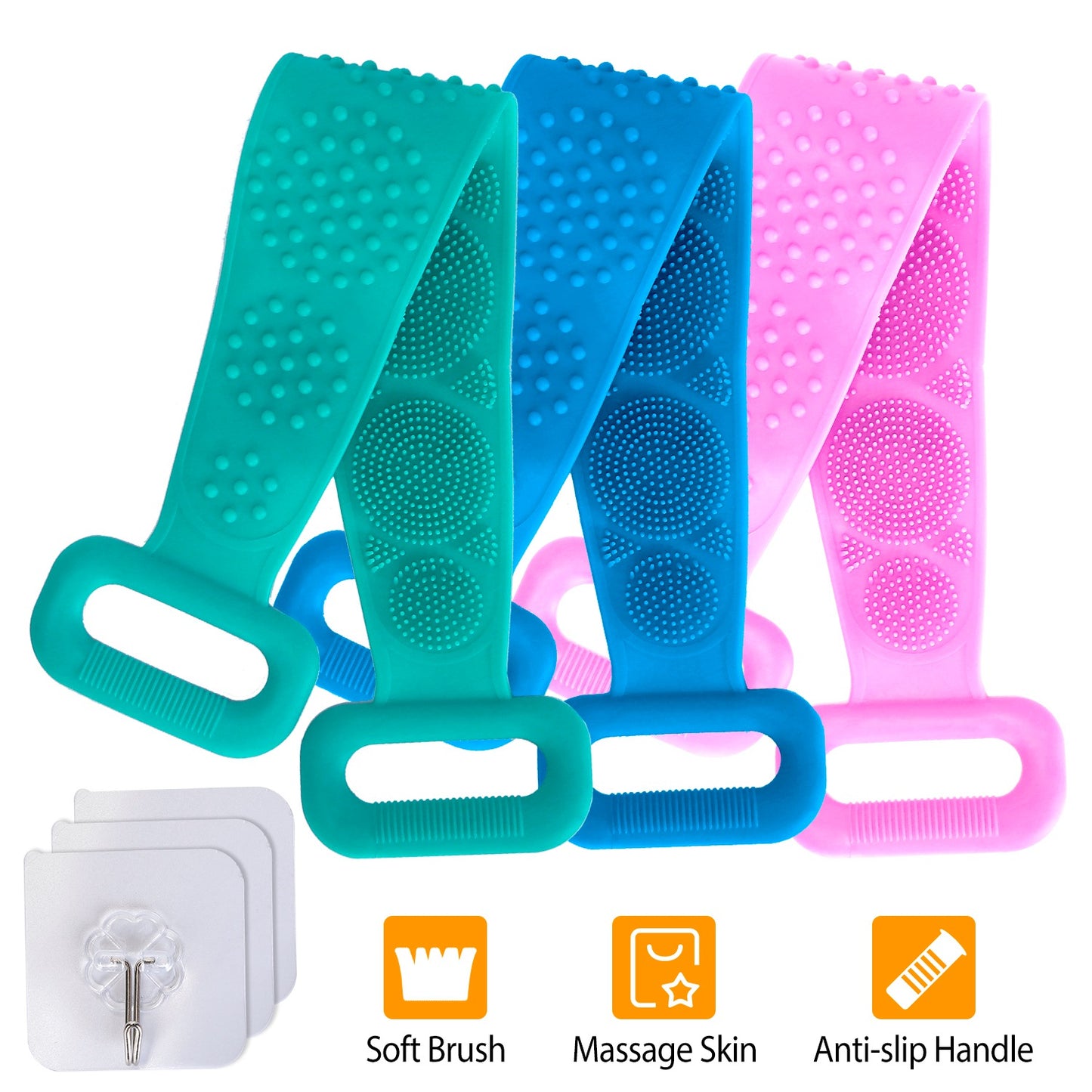 Silicone Back Scrubber Belt For Shower Exfoliating Foaming Body Wash Strap Brush Bristles Massage Dots W/ Adhesive Hook