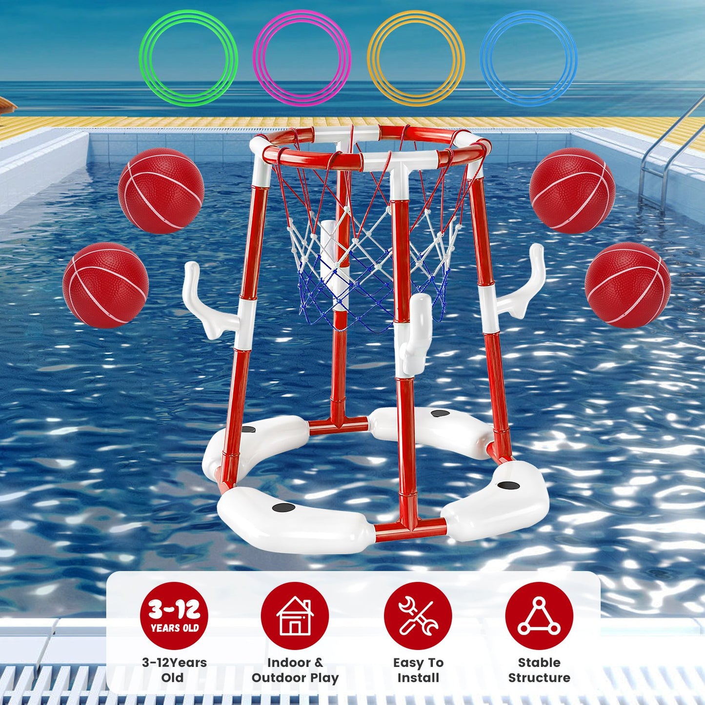 Summer Pool Basketball Hoop Toy Set With 4 Basketballs 4 Circles Pump Floating Swimming Pool Basketball Games Poolside Water Play Toy For 3-12Years Ol