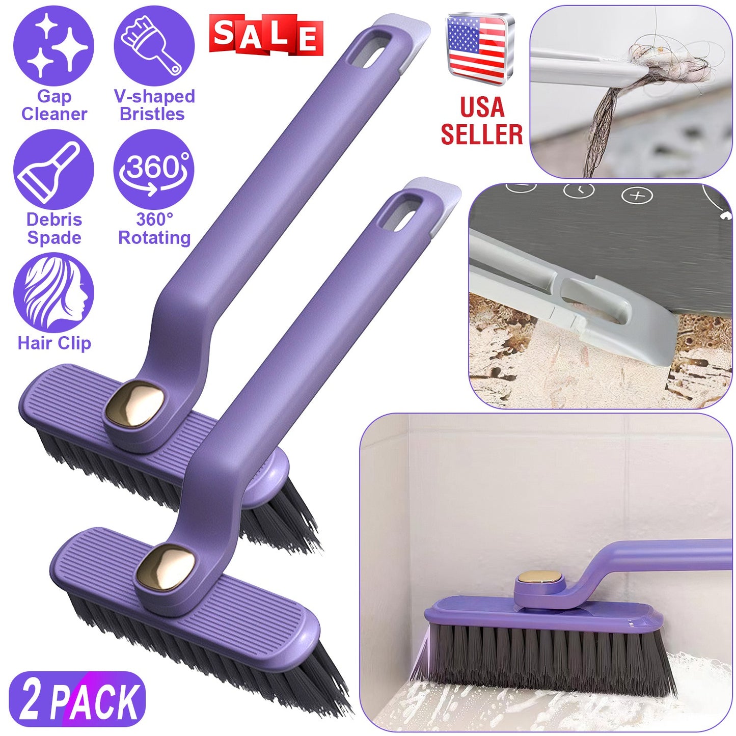 2 Pack Multi-Function Rotating Crevice Cleaning Brush Stiff Bristle Brush Gap Cleaner with 2-In-1 Clip and Spade for Tight Spaces Bathroom Kitchen