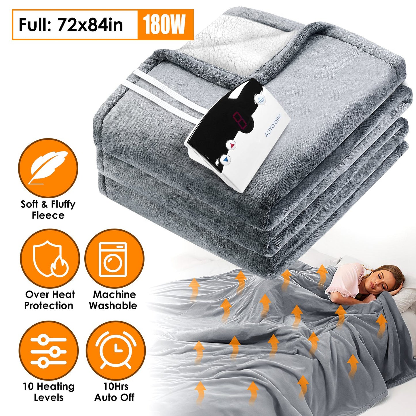 Electric Heated Full Size Fleece Heated Blanket with 10 Heating Levels 10 Hours Auto Off Machine Washable for Home Office Usage 72x84in