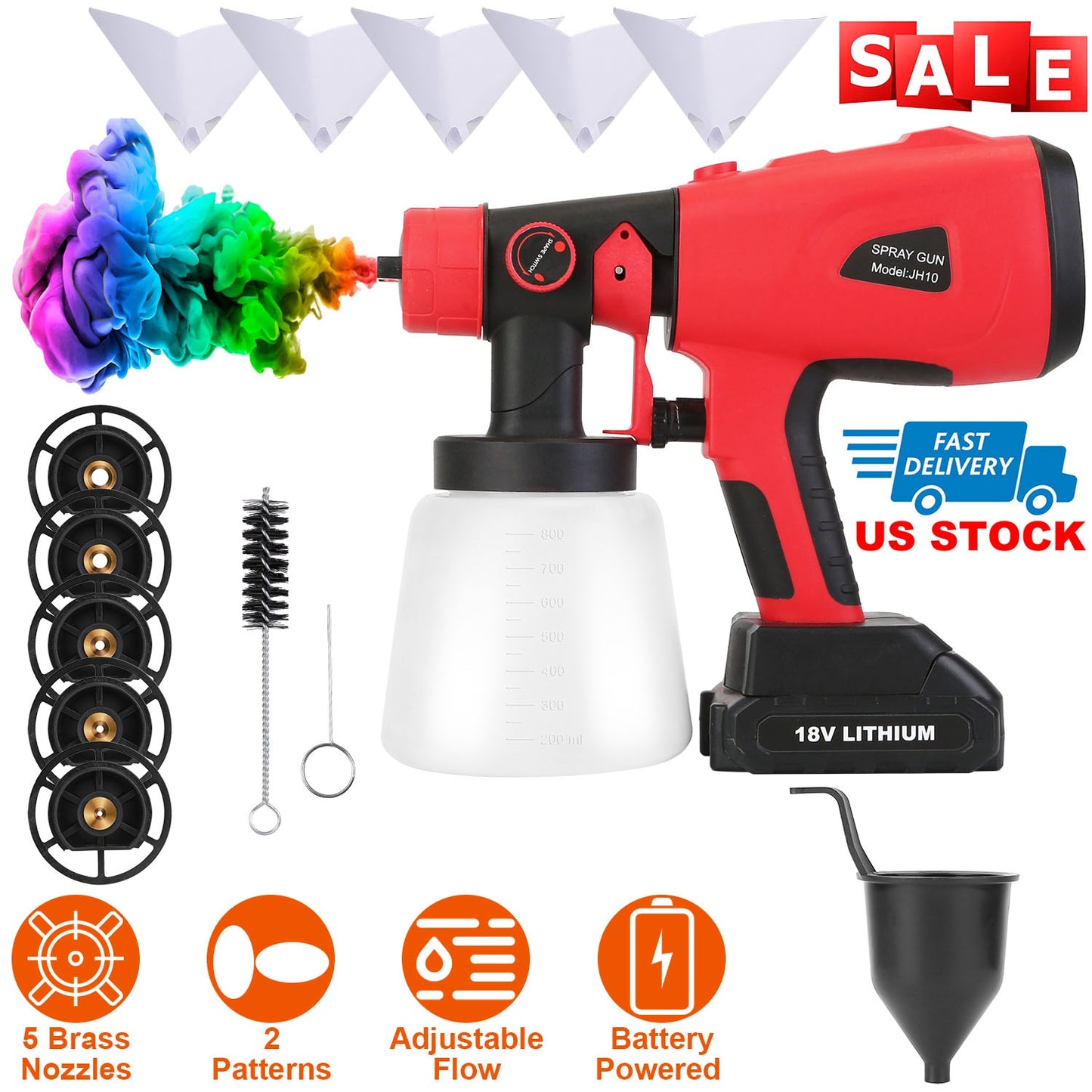 Portable Battery Powered ElectricÊPaint SprayerÊHVLP Spray Painting Gun Handheld Painter with 2 Spray Patterns 5 Nozzles 800ML Detachable Cup Flow Adj