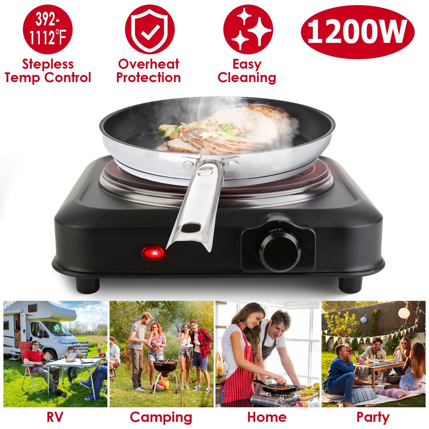 1200W Electric Infrared Single Burner Portable Heating Hot Plate Stove Countertop RV Hotplate with 7.5Ó Glass Cooktop Stepless Temperature Adjustments