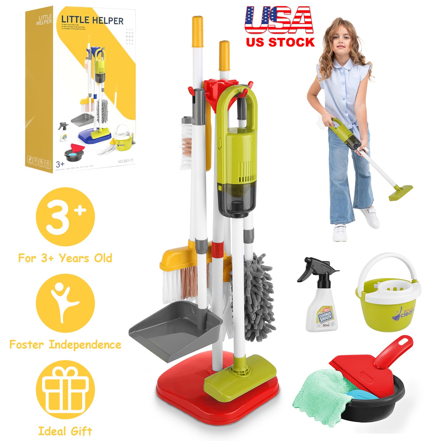 14Pcs Kids Cleaning Toy Set Toddler Housekeeping Pretend Play Kit with Vacuum Cleaner Broom Mop Organization Stand for Boys Girls Aged 3 4 5