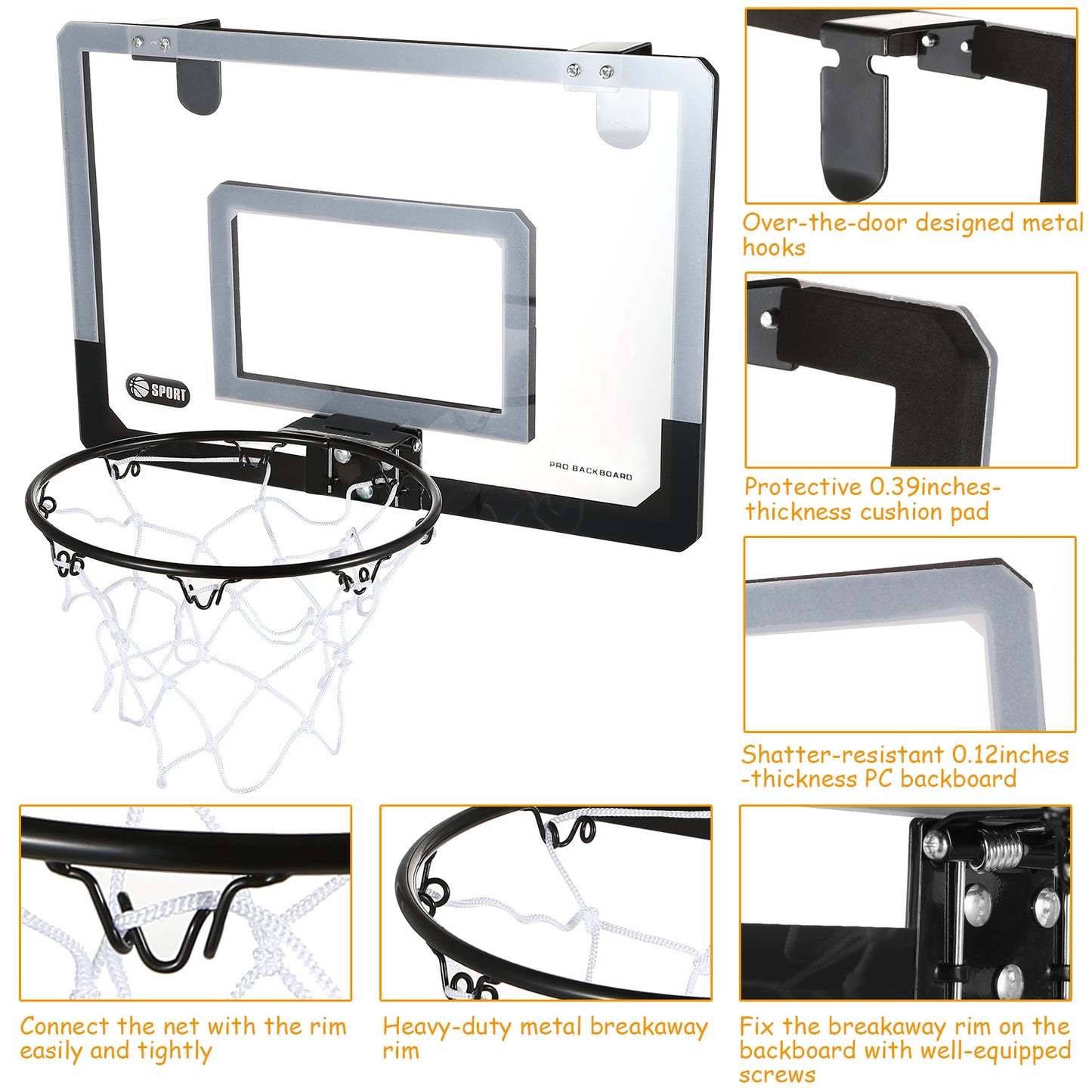 Mini Basketball Hoop System Set Over the Door with Backboard Breakaway Rim Basketball Pump Tools Easy Installation Indoor Kids Adults