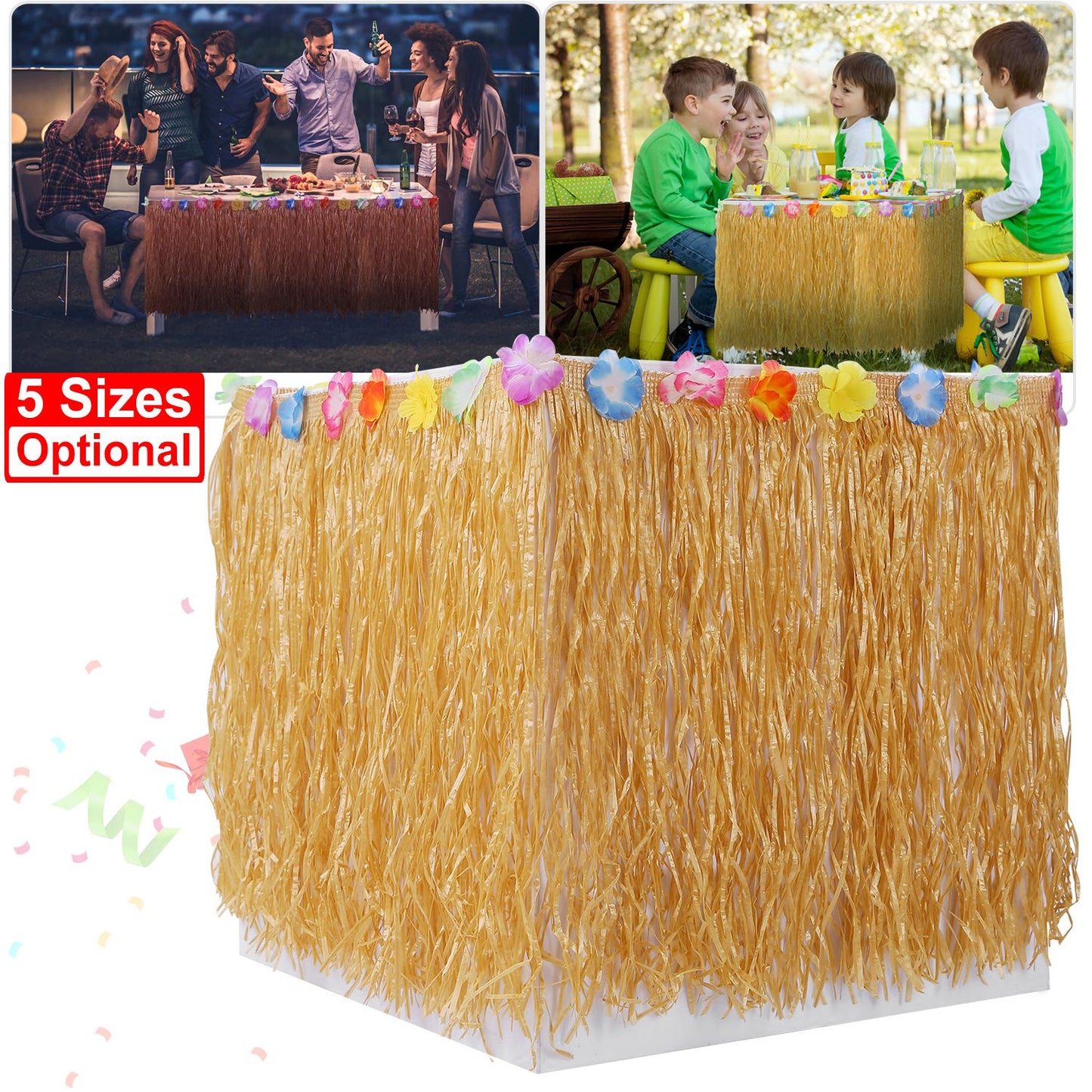 Grass Table Skirt Hawaiian Luau Party Decorations Supplies w/Hibiscus for Buffet BBQ Tiki Bar Beach Birthday Party Use
