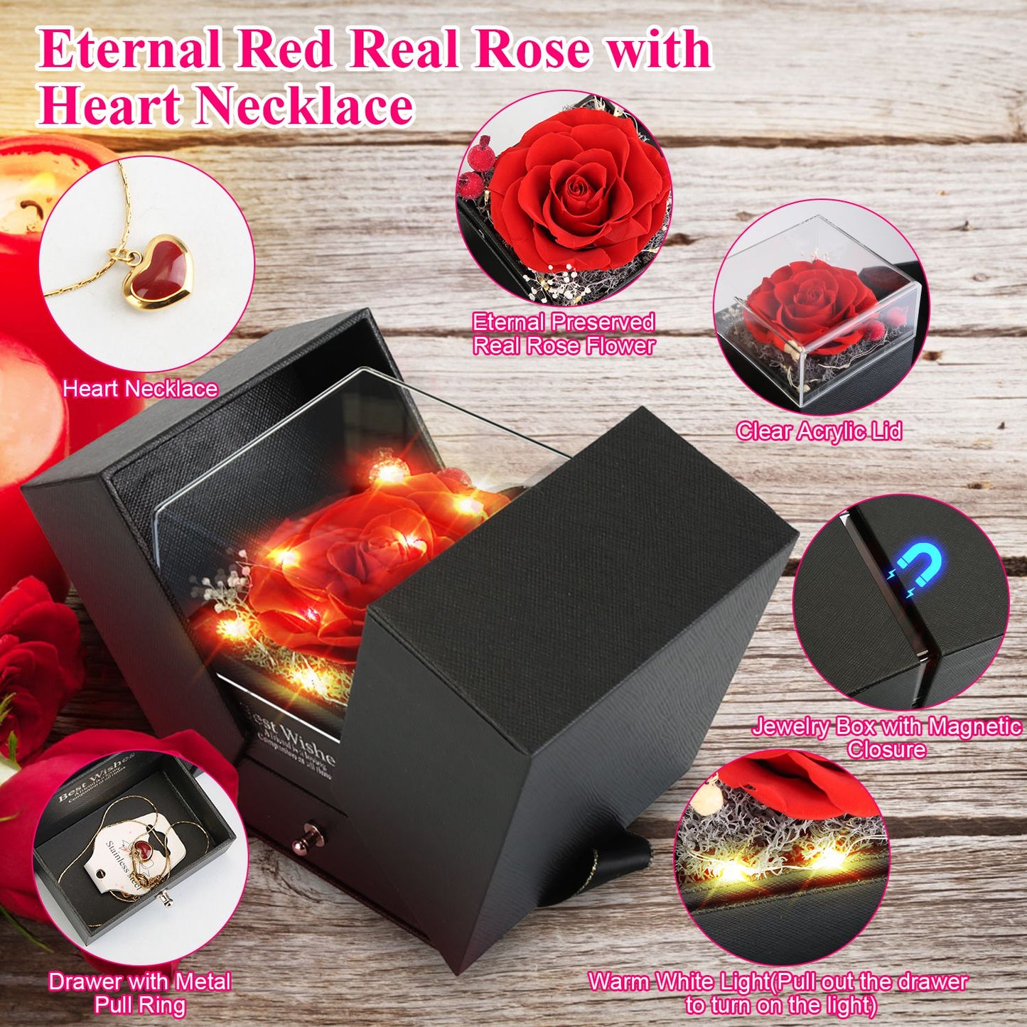 Preserved Red Real Rose with Heart Necklace Eternal Flowers Rose with Golden Necklace Gifts for Women Mom Wife Girlfriend Grandma on Valentine Mother