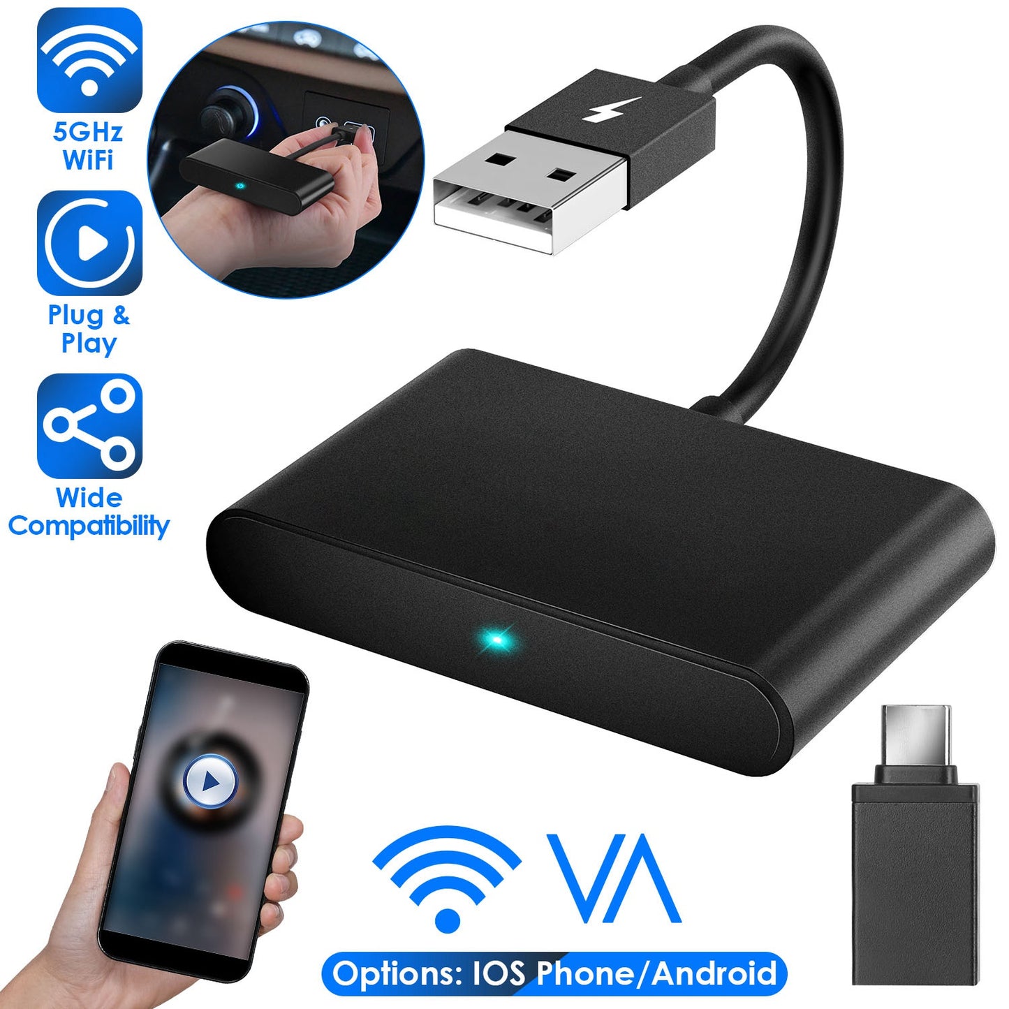 Android Wireless Adapter for In-car Infotainment System 5GHz WiFi Car Auto Navigation Player Fit for FORD HONDA CHEVROLET IOSPhone 6+