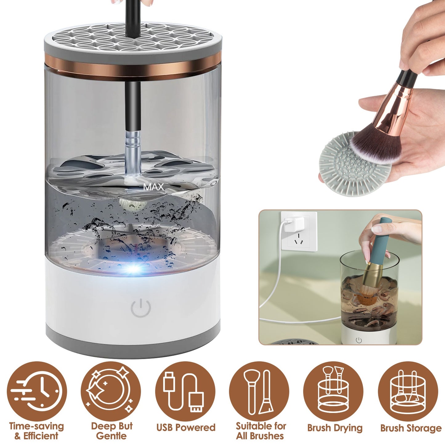3 In 1 Makeup Brush Blender Cleaner Automatic Makeup Brush Cleaner Machine USB Powered Brush Drying Storage Suitable For All Types of Brushes