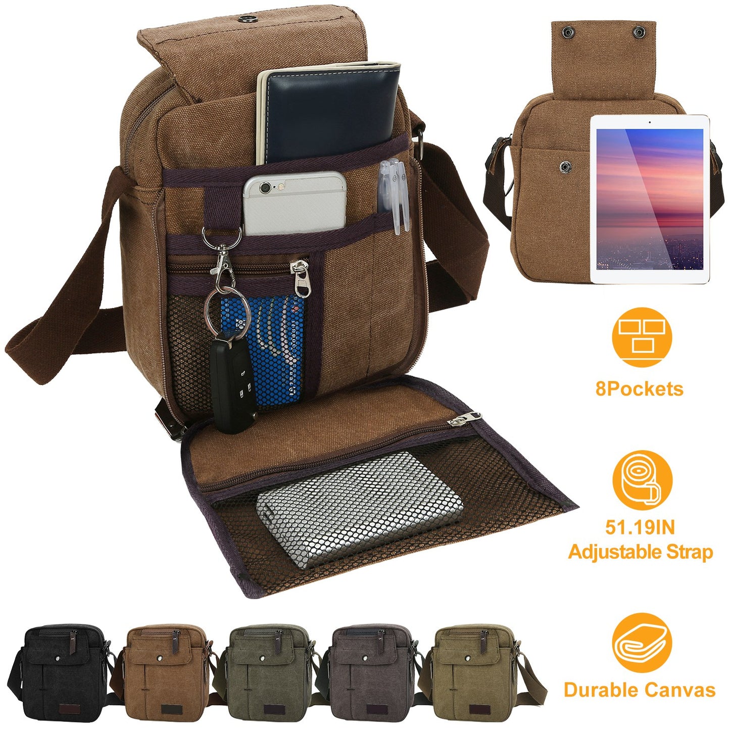 Unisex Crossbody Bags Canvas Phone Tablet PC Shoulder Bag Credit Card Key Messenger Purse