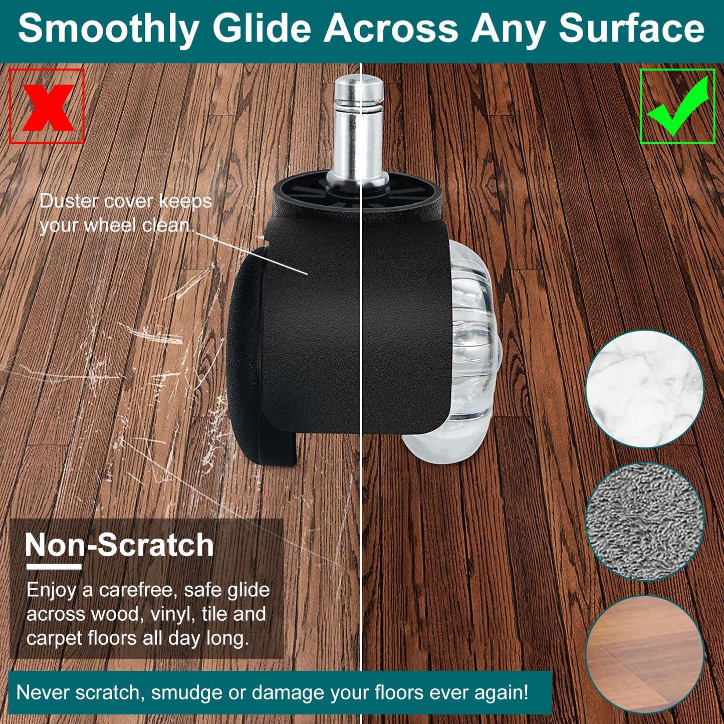 5Pcs Office Chair Wheels Polyurethane Rolling Caster Replacement for Hardwood Floor Carpet Universal Fit 496LBS Max Load