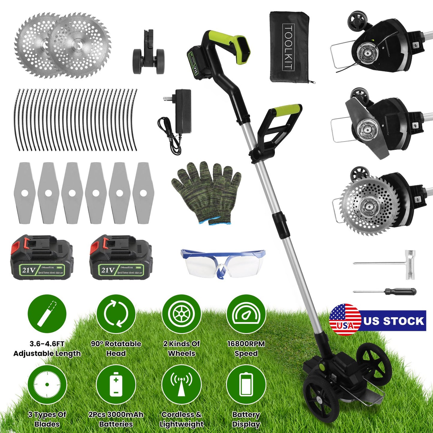 21V Electric Weed Edger Cordless String Trimmer Grass Mower Eater Bush Cutter with 16800RPM 2x 3000mAh Batteries 3.6-4.6FT Length 90¡ Rotatable Angle
