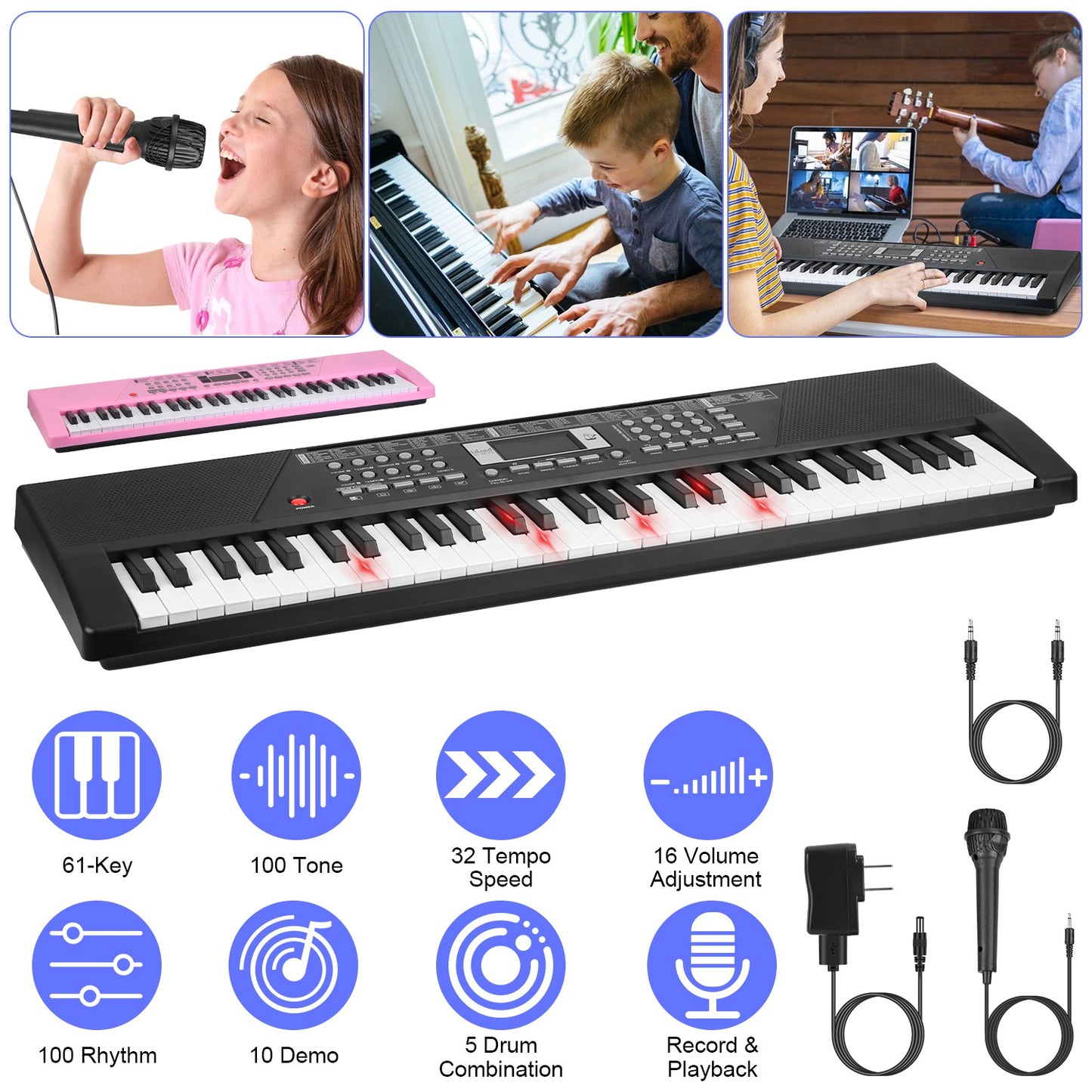 61 Keys Digital Music Keyboard Electric Piano Electronic Musical Instrument Kids Learning Keyboard with Stand Light Up Keys Microphone for 3-12 Year O