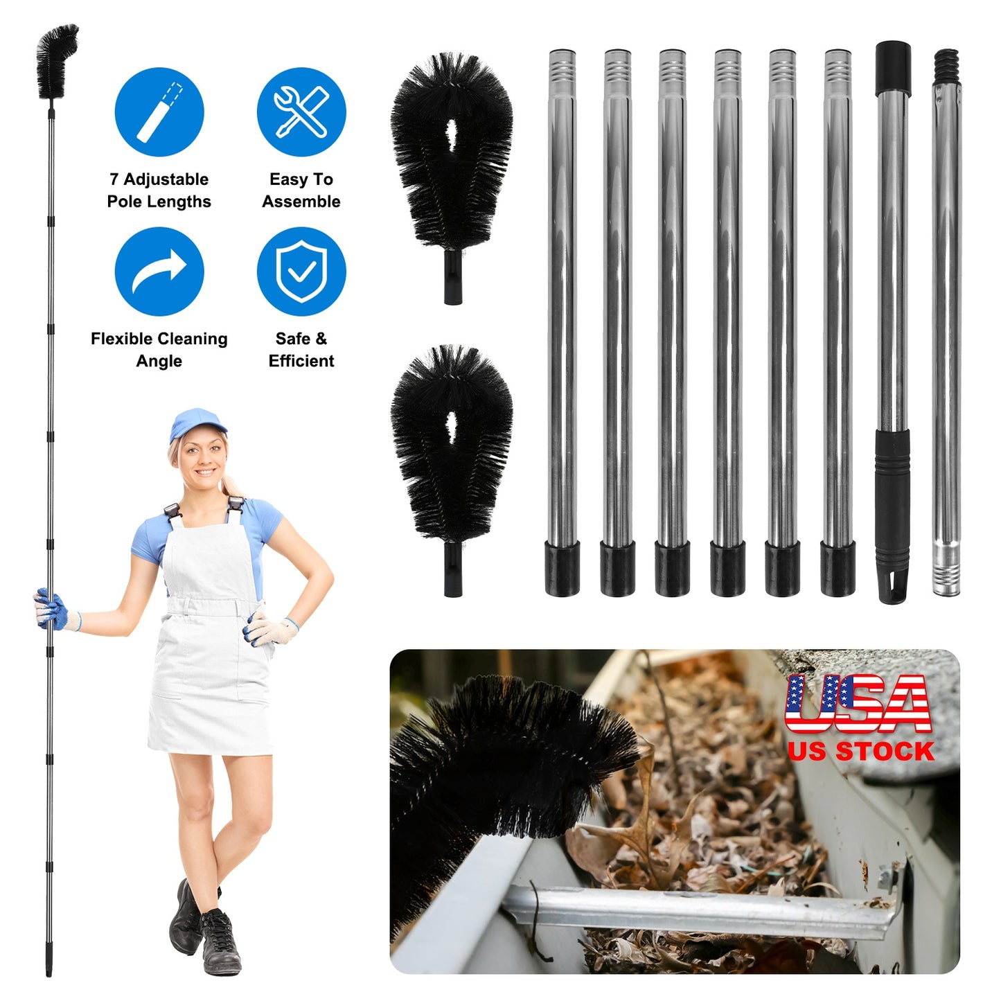 11.5FT Gutter Cleaning Brush With Telescoping Handle Rain Gutter Cleaner Extendable Gutter Cleaning Tool From The Ground with 2 Angled Brushes Anti-sl