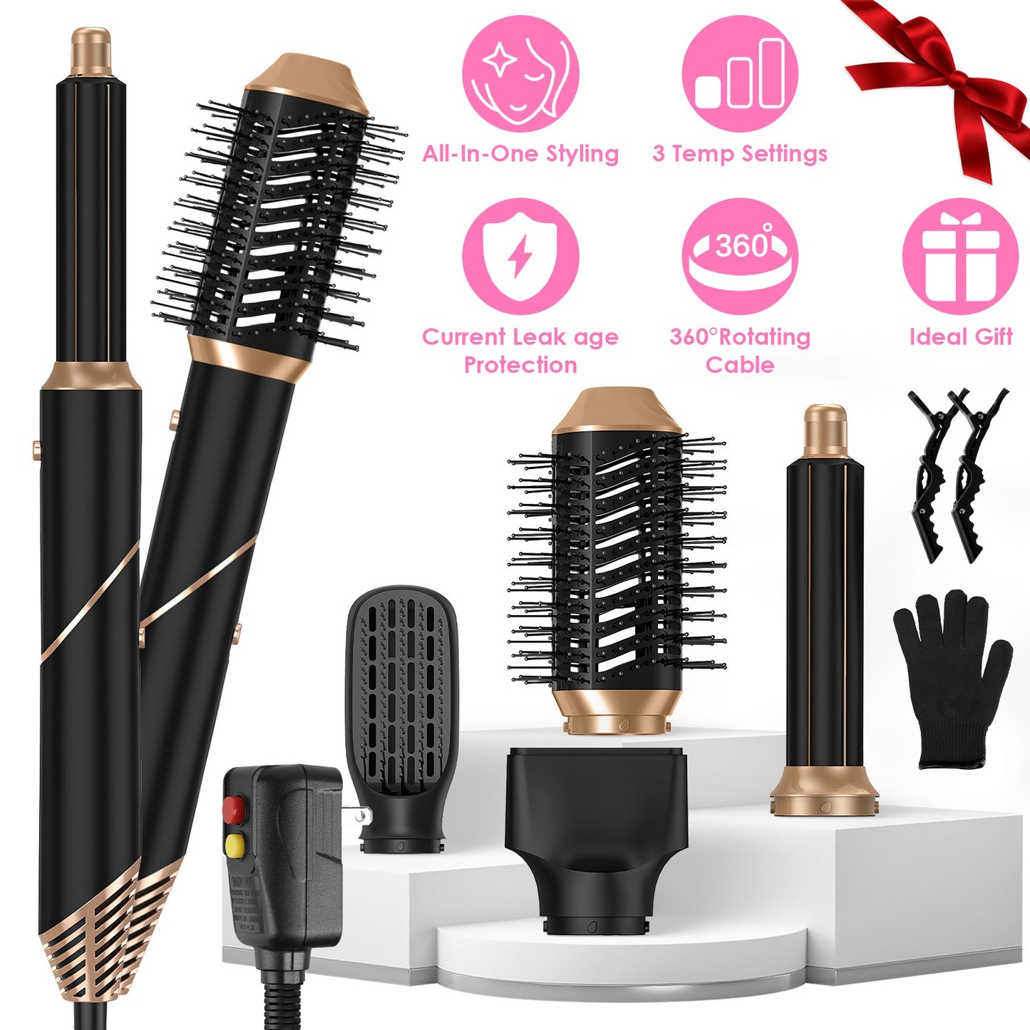 5 In 1 Hot Air Styler Straightener Curler Dryer Automatic Wrap Styler Hair Dryer Brush Set with 3 Temp Settings ALCI Plug Glove Cable Tie 2 Alligator