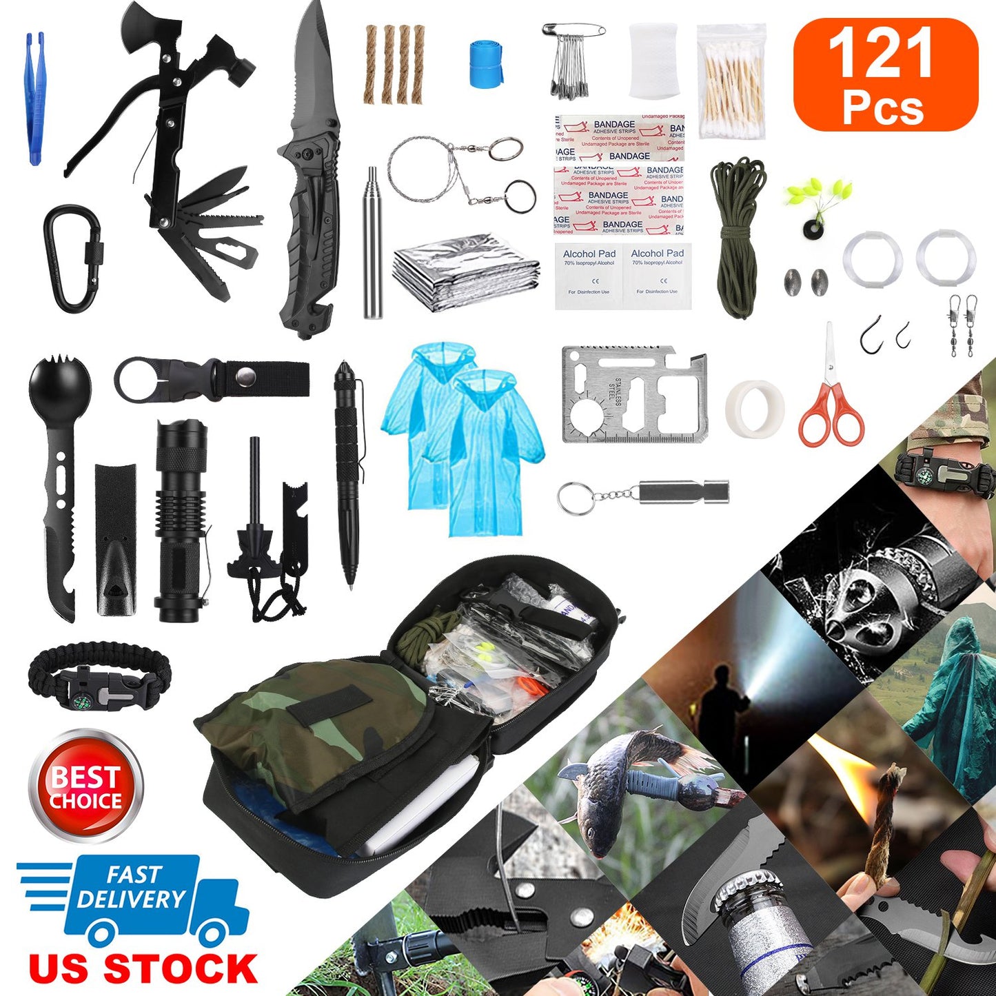 121Pcs Survival Kits Professional Emergency Survival Gear Tactical First Aid Kit Supplies for Outdoor Adventure Camping Hiking Hunting