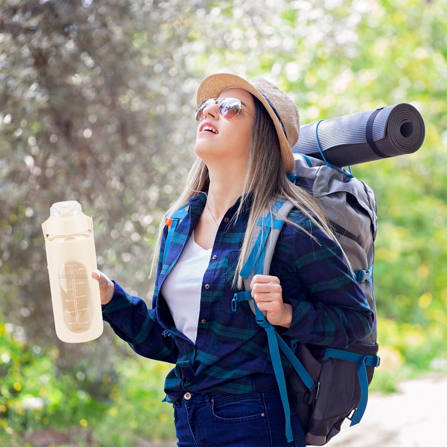 64Oz Glass Water Bottle Sports Water Bottle Motivational Water Bottle Water Intake Tracker Bottle with Straw Time Marker Silicone Sleeve Handle for Gy